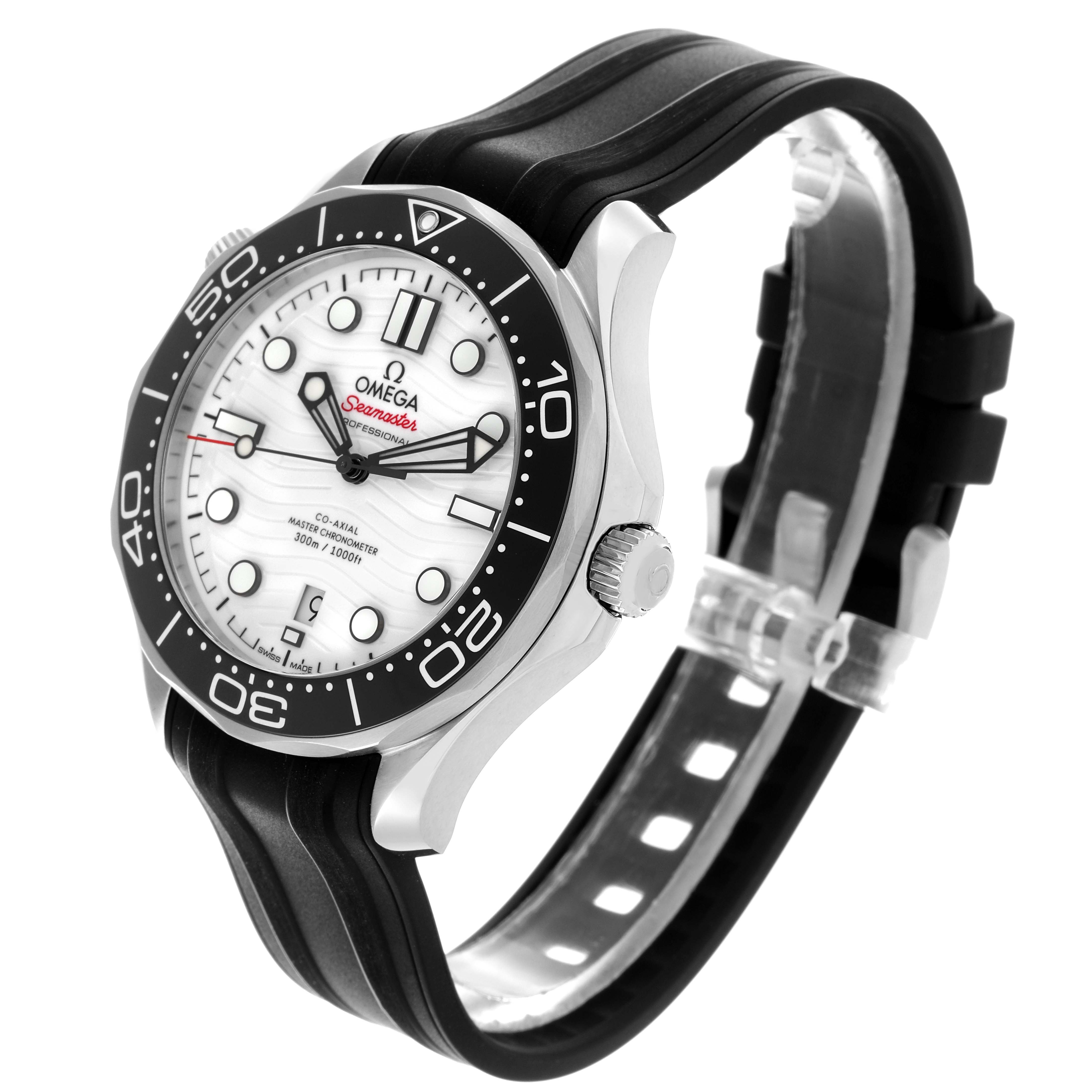 The Omega Seamaster 210.32.42.20.04.001 Men's Stainless Steel White Dial 210.32.42.20.04.001 Men's Stainless Steel White Dial watch is shown at an angled view, highlighting the face, bezel, and rubber strap.