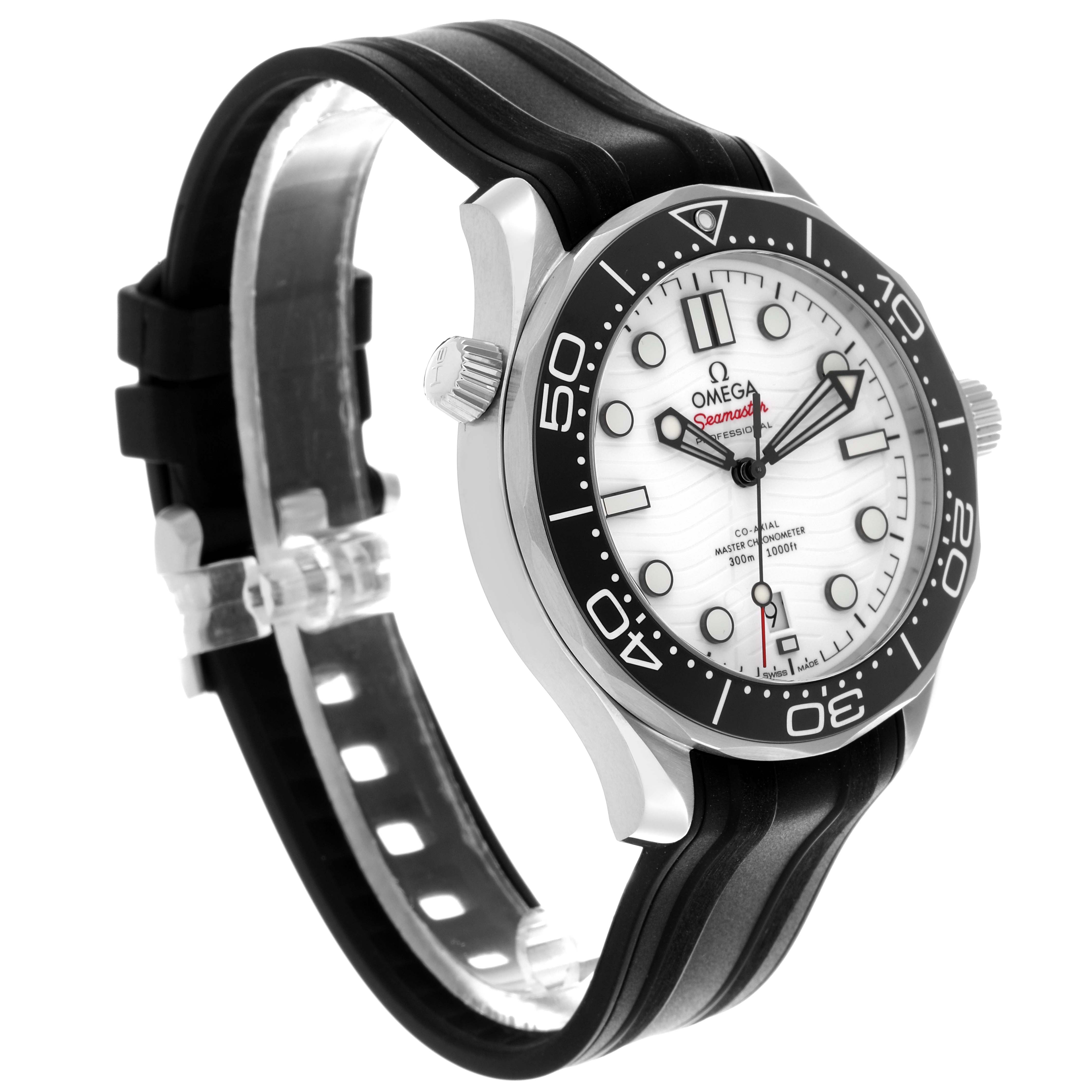 The Omega Seamaster 210.32.42.20.04.001 Men's Stainless Steel White Dial 210.32.42.20.04.001 Men's Stainless Steel White Dial watch is shown at an angled side view, displaying its face, bezel, crown, and strap.