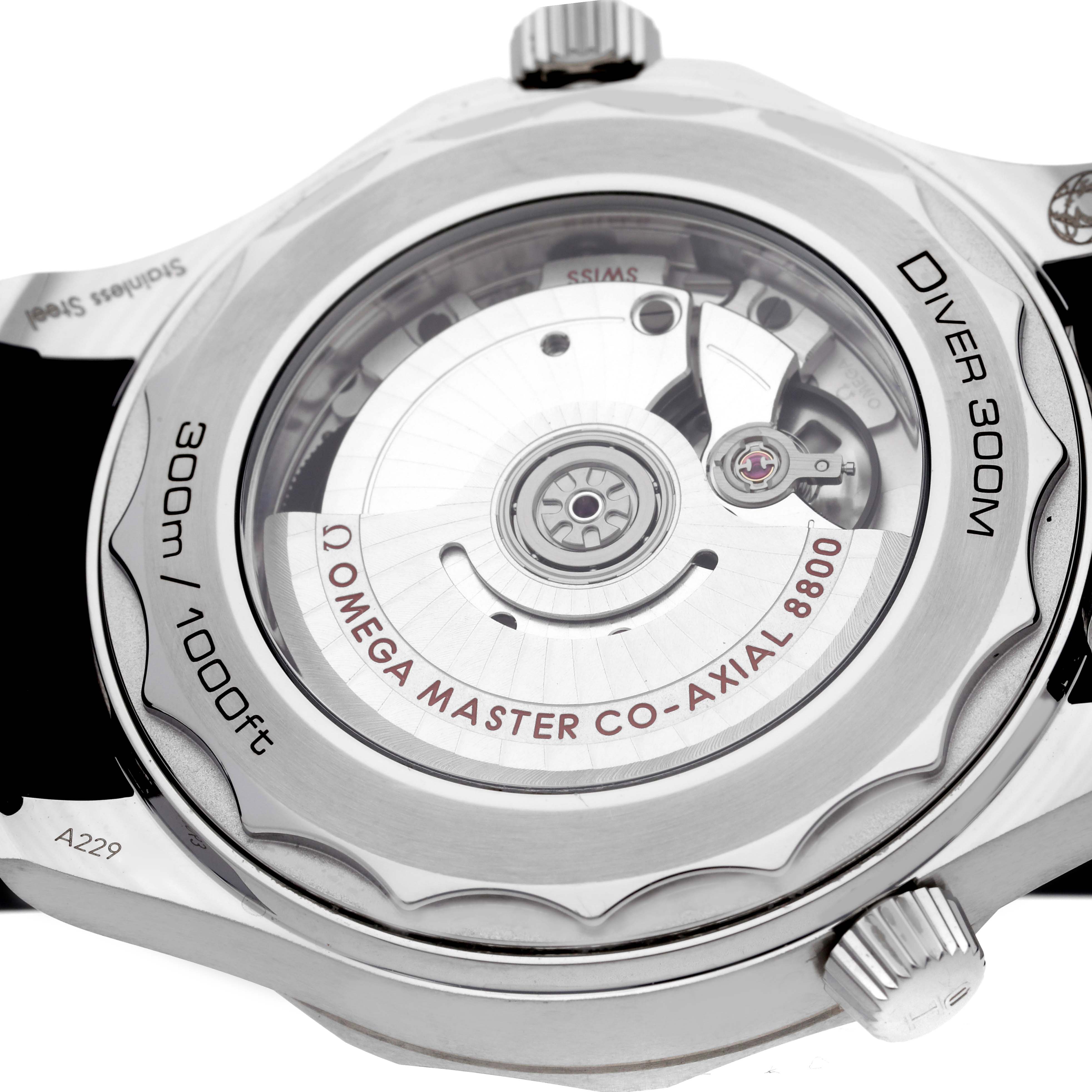 The image shows the case back of the Omega Seamaster 210.32.42.20.04.001 Men's Stainless Steel White Dial 210.32.42.20.04.001 Men's Stainless Steel White Dial, highlighting the movement and water resistance details.