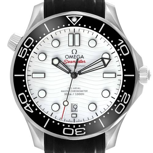 The Omega Seamaster watch is shown from the front, highlighting its dial, bezel, and crown.