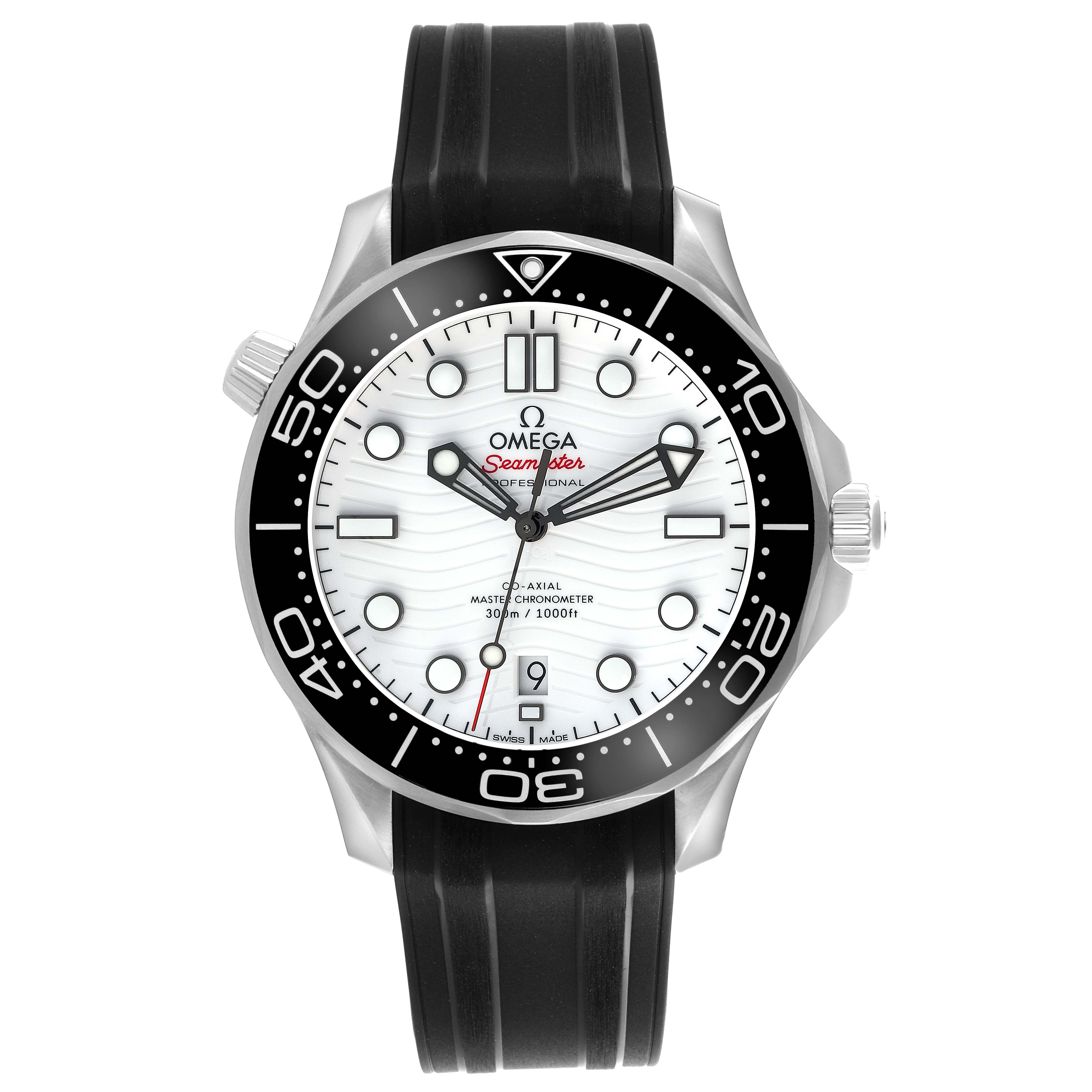 The Omega Seamaster 210.32.42.20.04.001 Men's Stainless Steel White Dial 210.32.42.20.04.001 Men's Stainless Steel White Dial watch is shown from the front, displaying its face, bezel, and strap.