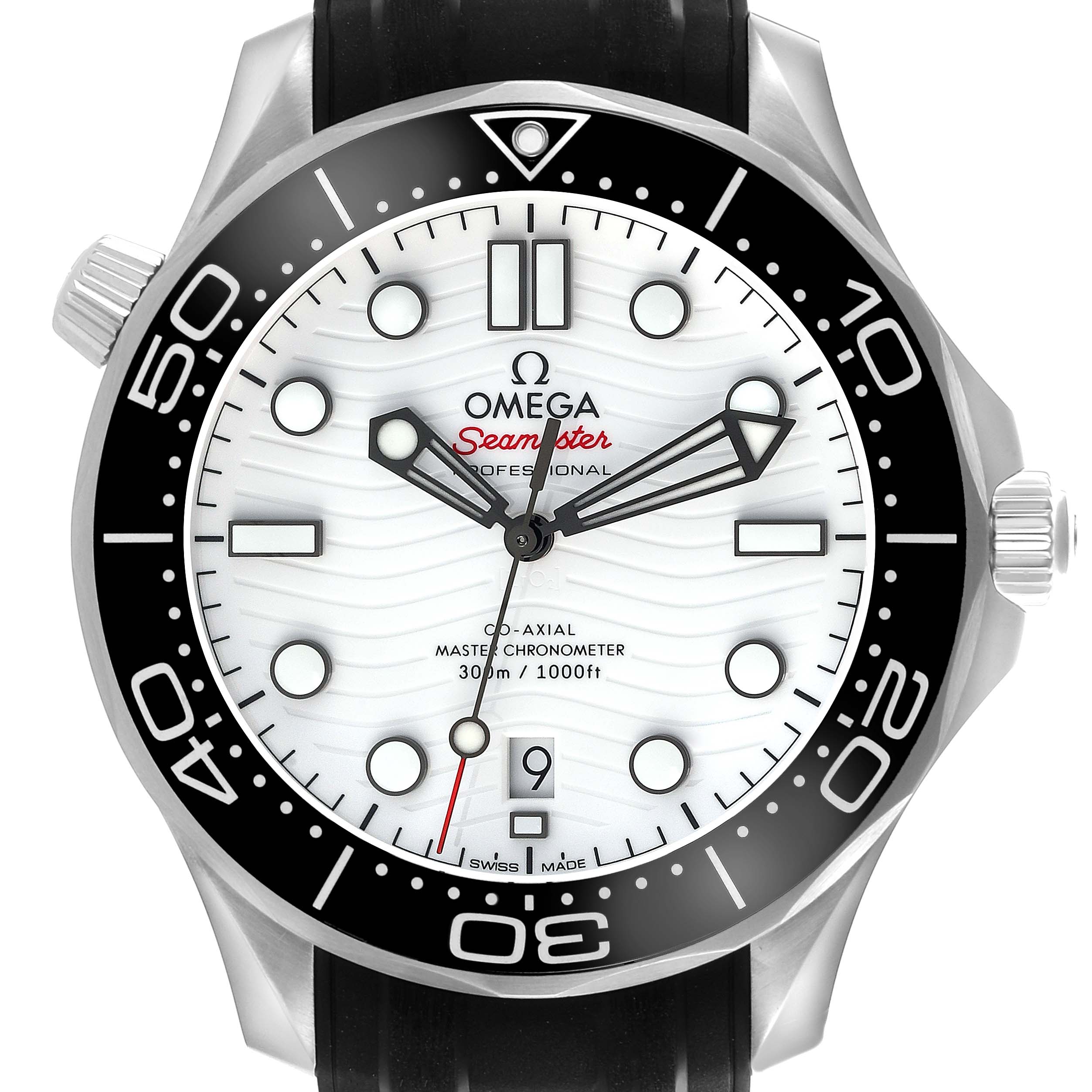 The Omega Seamaster 210.32.42.20.04.001 Men's Stainless Steel White Dial 210.32.42.20.04.001 Men's Stainless Steel White Dial watch is shown from a front angle, displaying the dial, hands, bezel, and part of the strap.