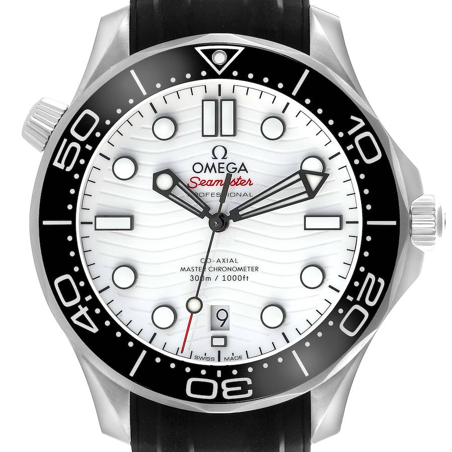 The Omega Seamaster watch is shown from a front angle, displaying the dial, hands, bezel, and part of the strap.