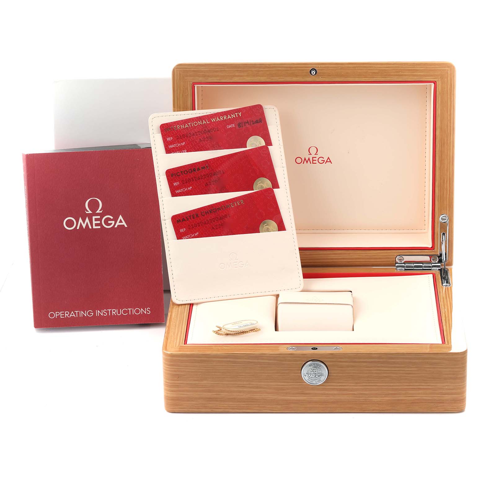 The image shows the open box of an Omega Seamaster 210.32.42.20.04.001 Men's Stainless Steel White Dial 210.32.42.20.04.001 Men's Stainless Steel White Dial watch, operating instructions, and warranty cards at a front angle.