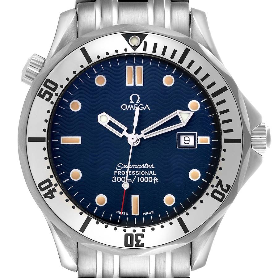 The Omega Seamaster watch is shown from a front angle, highlighting the dial, bezel, and part of the bracelet.