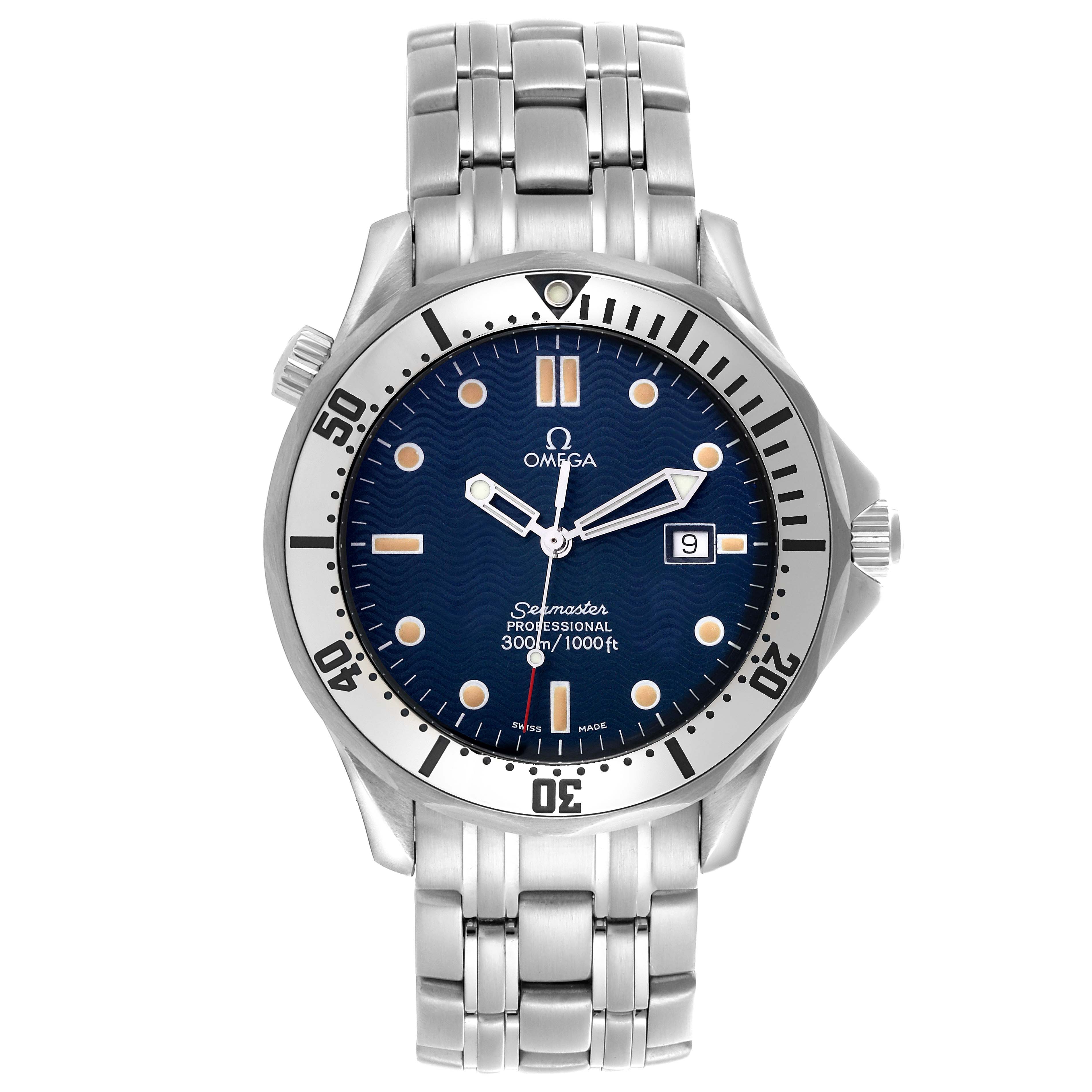 The Omega Seamaster 2542.80.00 Men
s Stainless Steel Blue Dial 2542.80.00 Men
s Stainless Steel Blue Dial watch is shown front-facing, displaying the dial, bezel, and bracelet in full view.