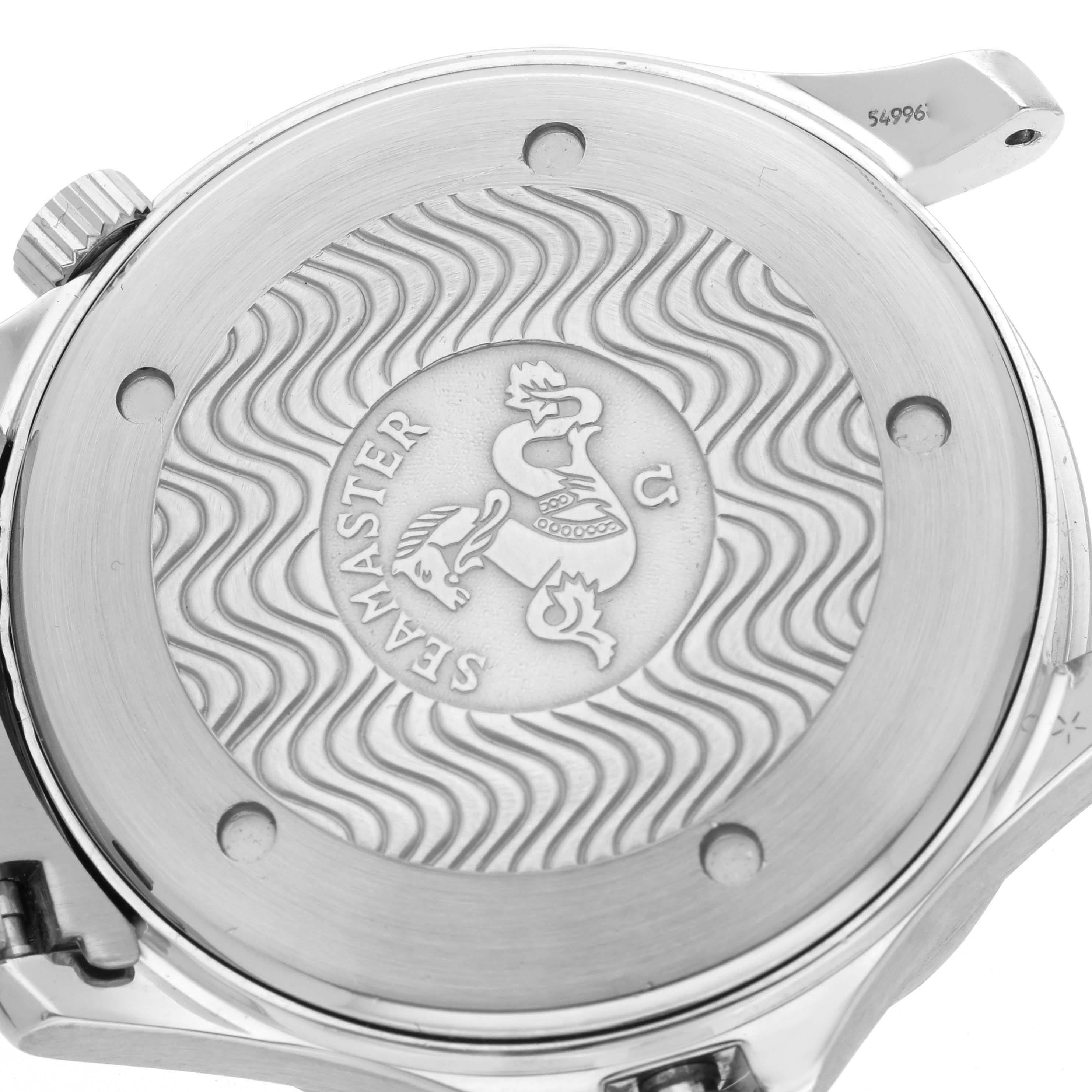 The image shows the back case of an Omega Seamaster 2542.80.00 Men
s Stainless Steel Blue Dial 2542.80.00 Men
s Stainless Steel Blue Dial watch, featuring an engraved wavy pattern and the Seamaster logo.