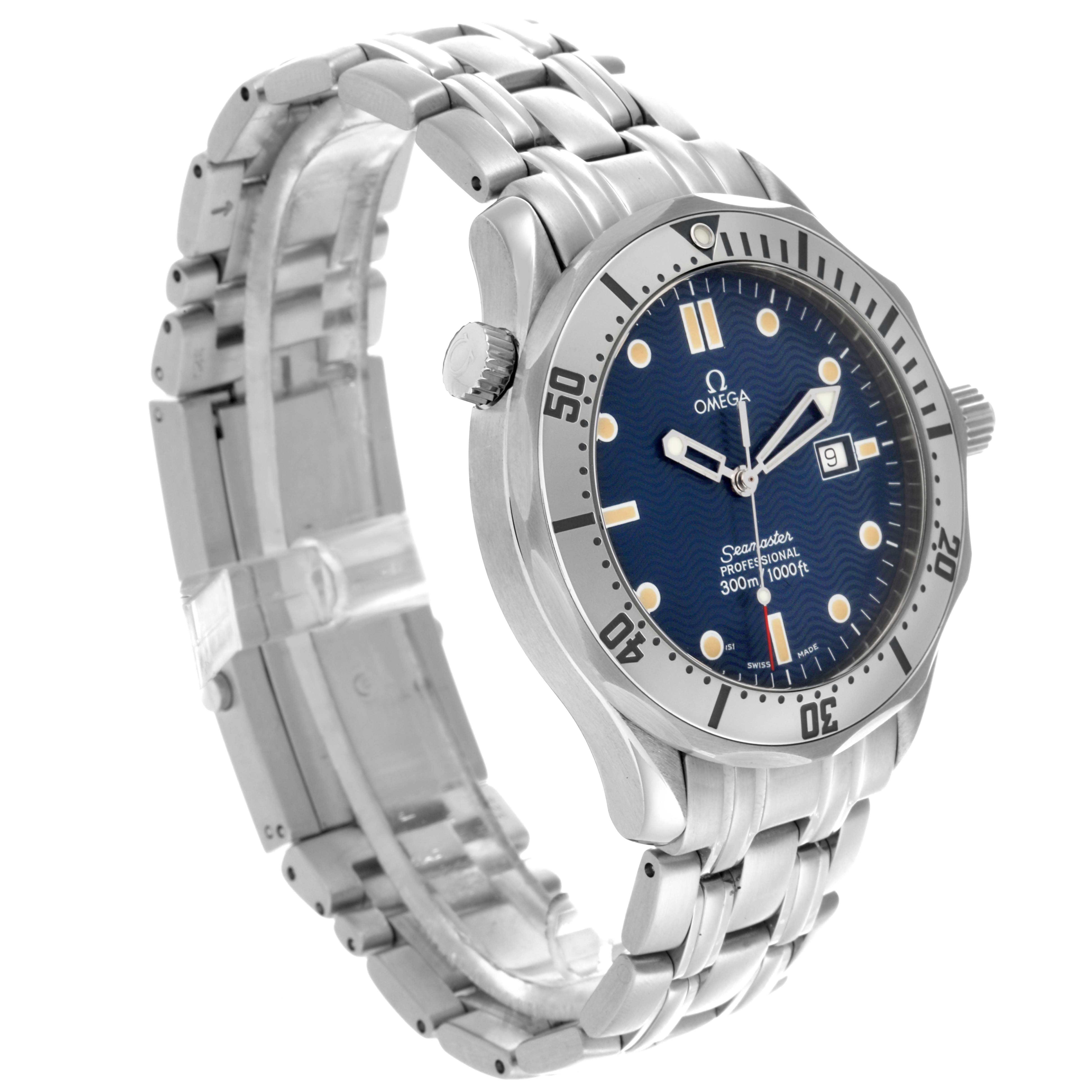 The Omega Seamaster 2542.80.00 Men
s Stainless Steel Blue Dial 2542.80.00 Men
s Stainless Steel Blue Dial watch is shown at a 3/4 angle, displaying the face, bezel, case, crown, and metal bracelet.