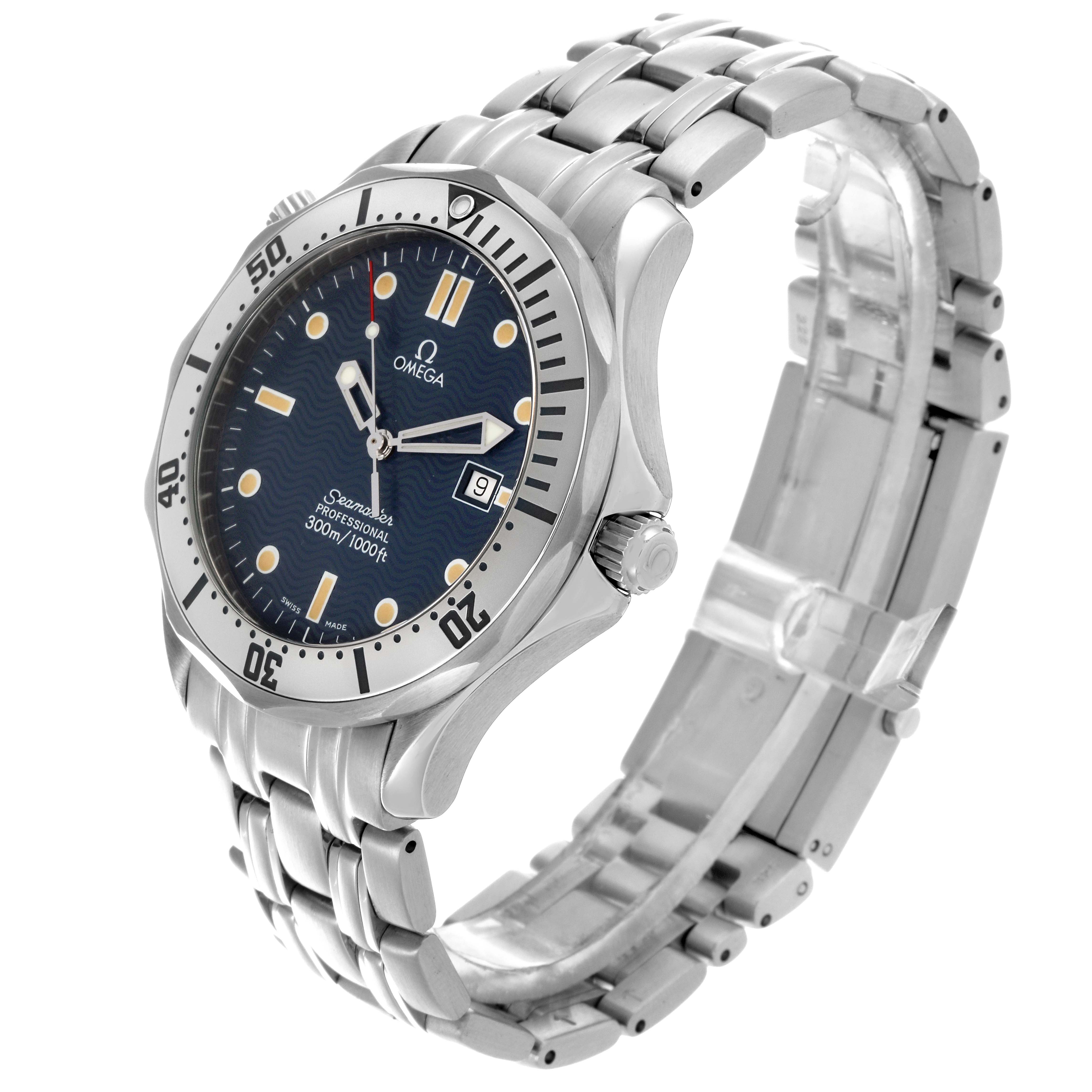 The Omega Seamaster 2542.80.00 Men
s Stainless Steel Blue Dial 2542.80.00 Men
s Stainless Steel Blue Dial watch is shown at a three-quarter angle, highlighting the face, bezel, crown, and metal bracelet.