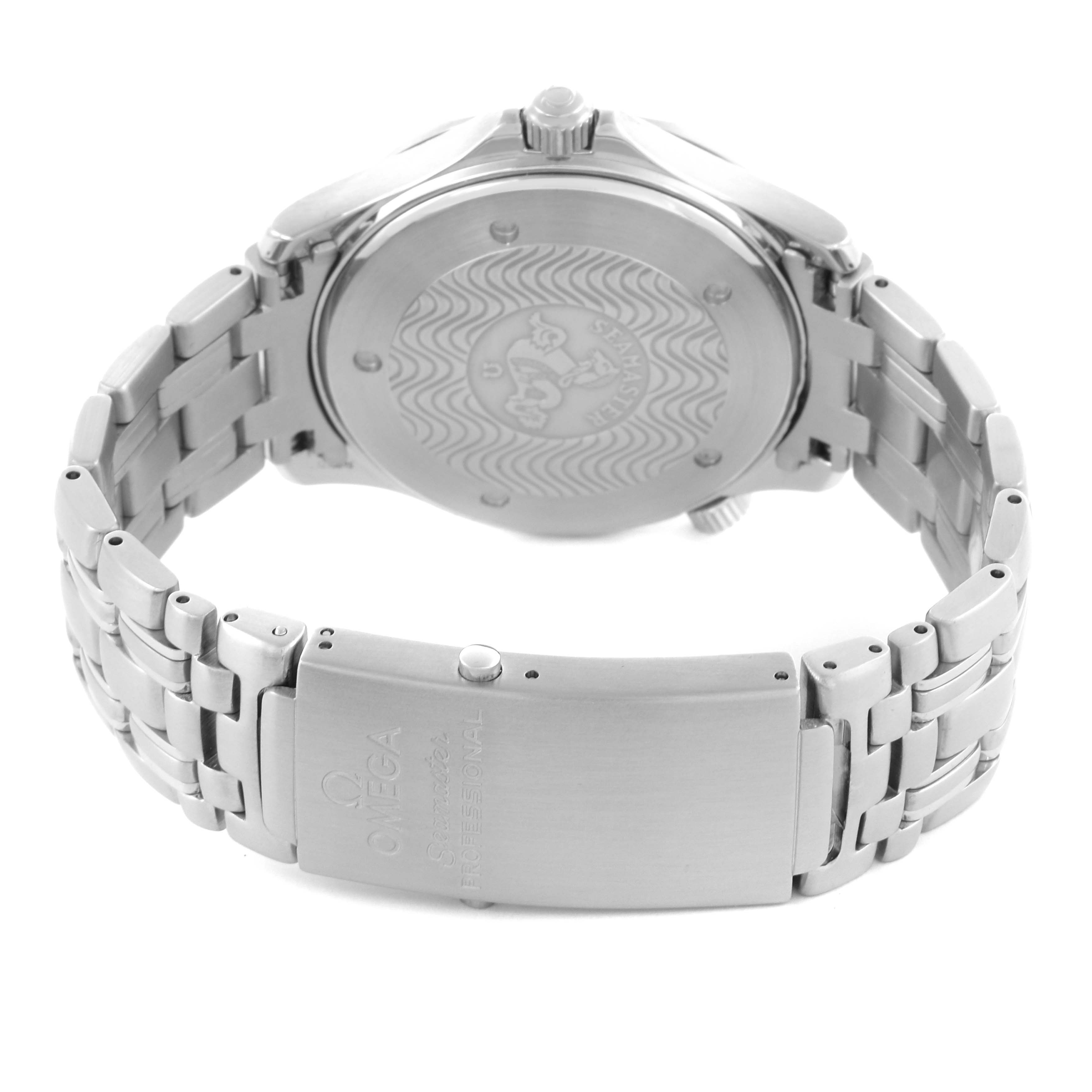 The image shows the back of an Omega Seamaster 2542.80.00 Men
s Stainless Steel Blue Dial 2542.80.00 Men
s Stainless Steel Blue Dial watch, highlighting its case back and bracelet clasp.