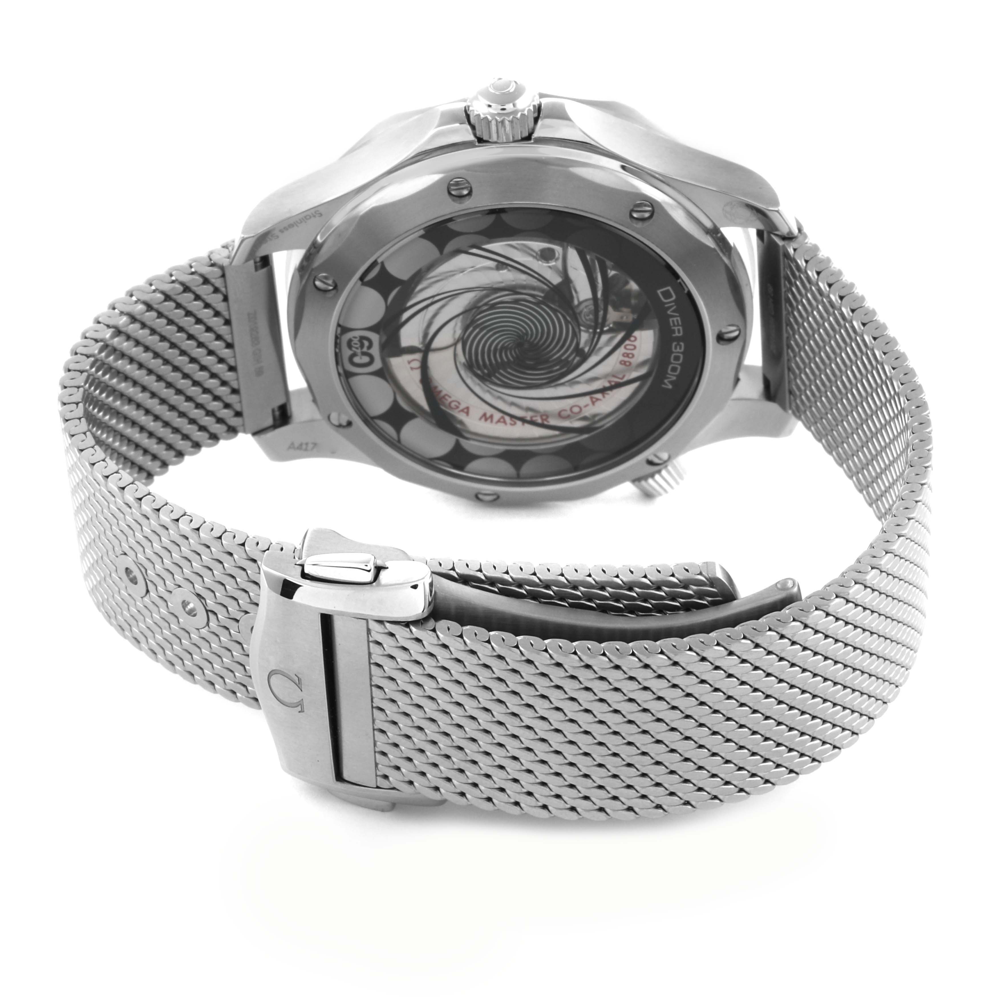 The image shows the Omega Seamaster 210.30.42.20.03.002 Men's Stainless Steel Blue Dial 210.30.42.20.03.002 Men's Stainless Steel Blue Dial watch from the back, highlighting the case back and metal mesh bracelet.