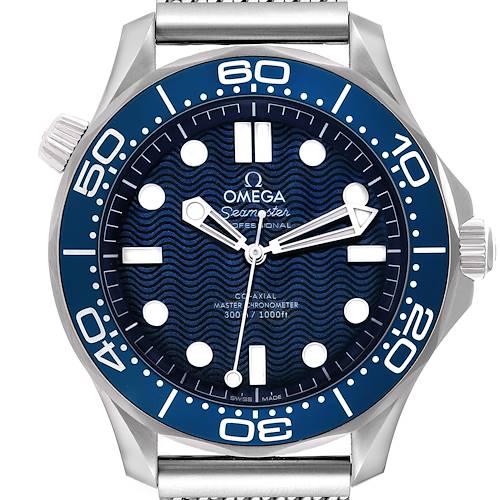 The image shows a front view of the Omega Seamaster, highlighting the dial, hands, bezel, and crown.