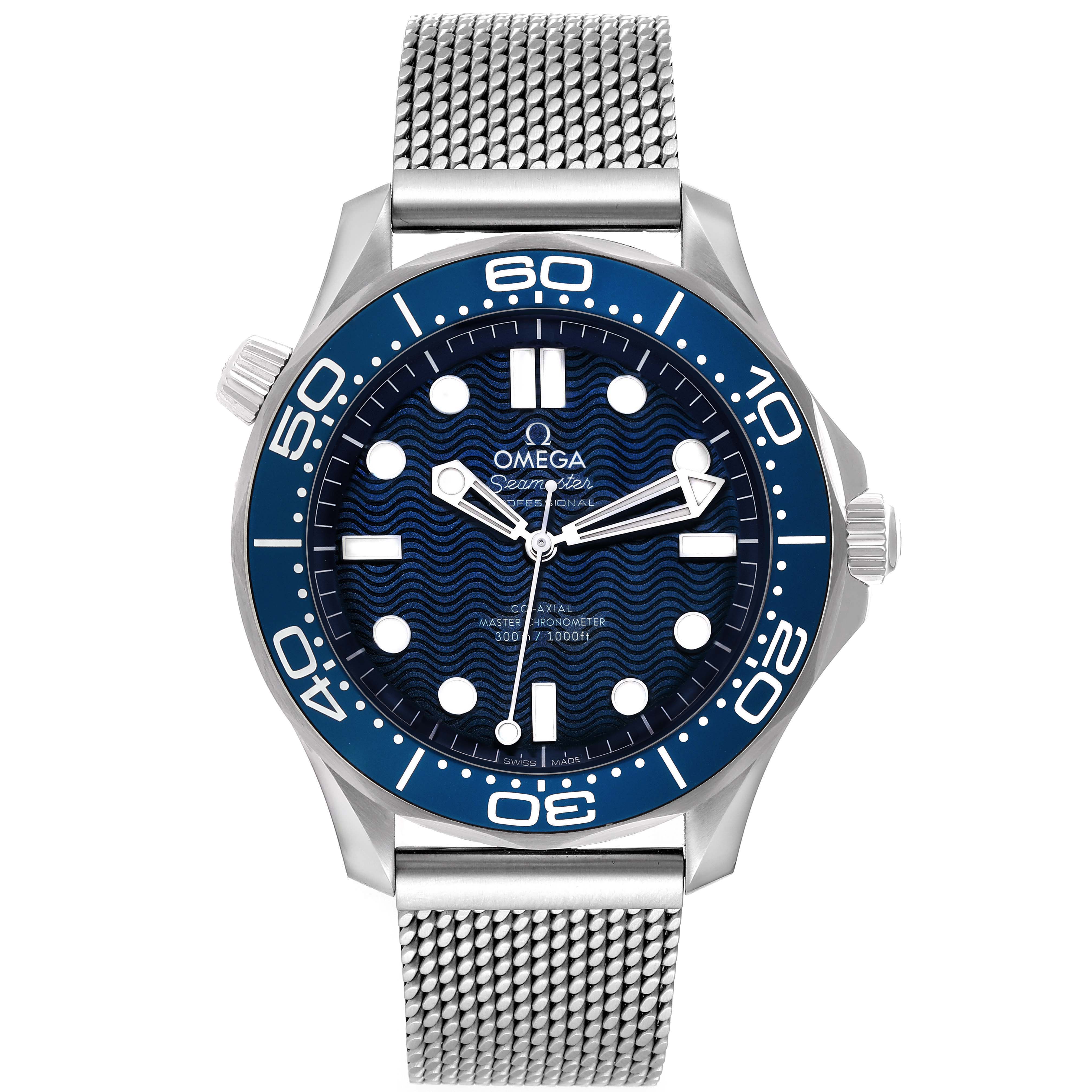 The Omega Seamaster 210.30.42.20.03.002 Men's Stainless Steel Blue Dial 210.30.42.20.03.002 Men's Stainless Steel Blue Dial watch is shown from a front angle, displaying its face, bezel, and mesh bracelet.