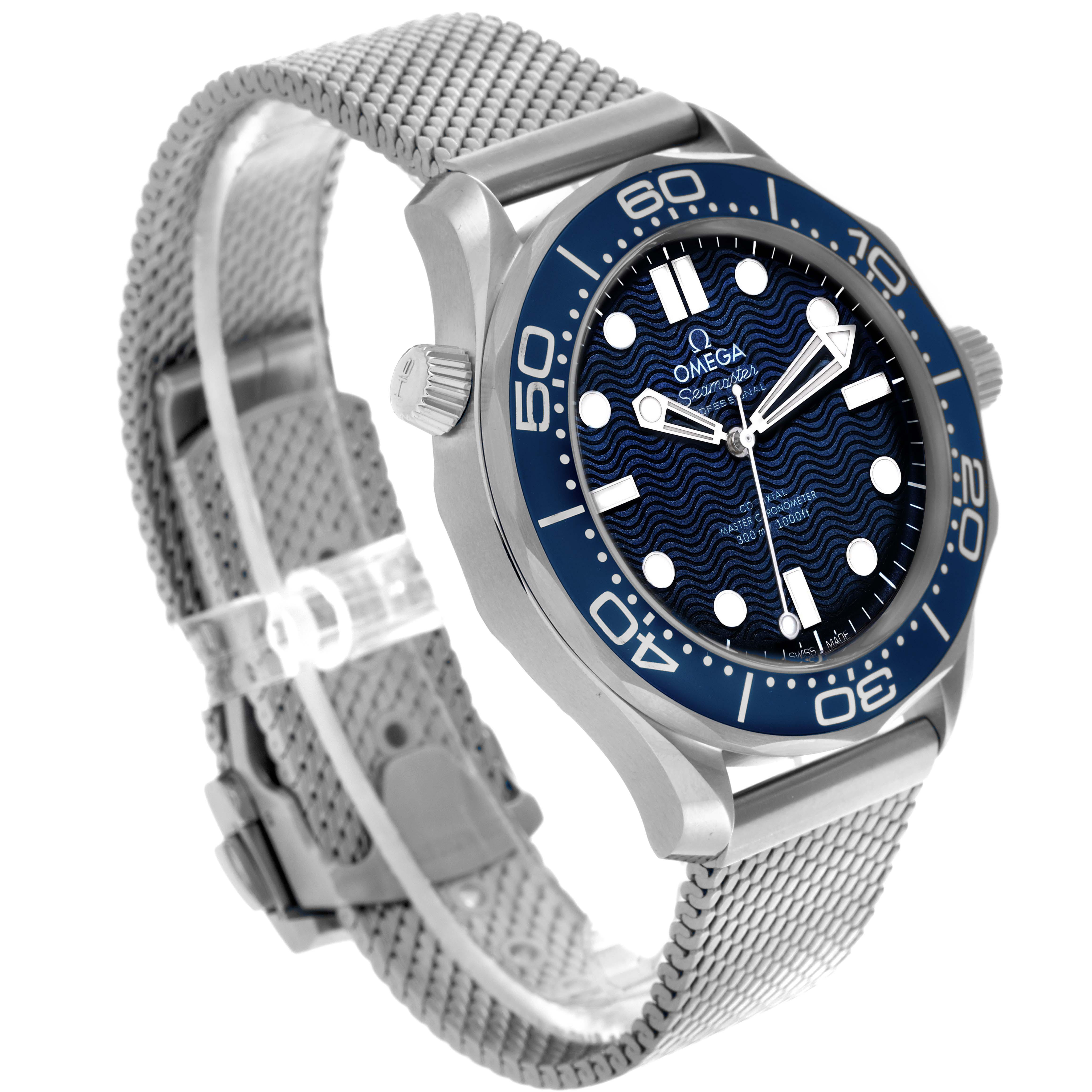 The Omega Seamaster 210.30.42.20.03.002 Men's Stainless Steel Blue Dial 210.30.42.20.03.002 Men's Stainless Steel Blue Dial watch is shown at a three-quarter angle, highlighting the bezel, crown, face, and mesh bracelet.