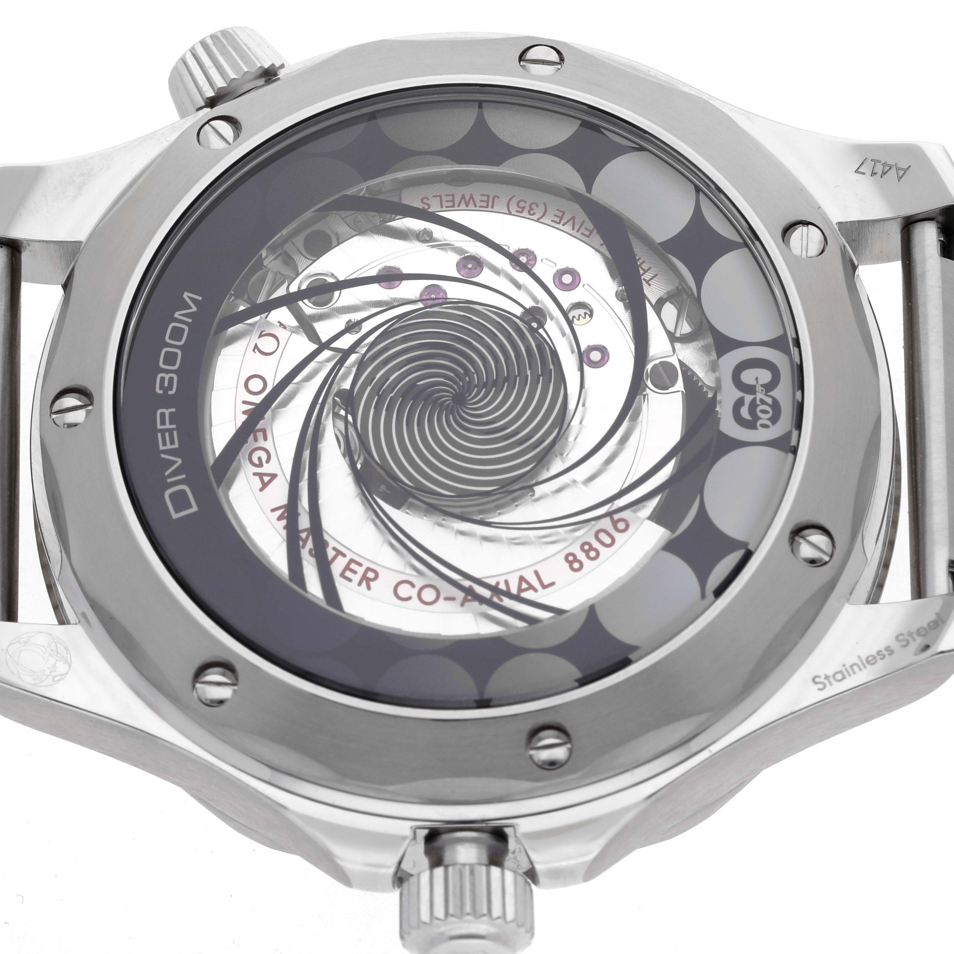 The image shows the back of an Omega Seamaster 210.30.42.20.03.002 Men's Stainless Steel Blue Dial 210.30.42.20.03.002 Men's Stainless Steel Blue Dial Diver 300M model, highlighting the transparent case back and the movement inside.