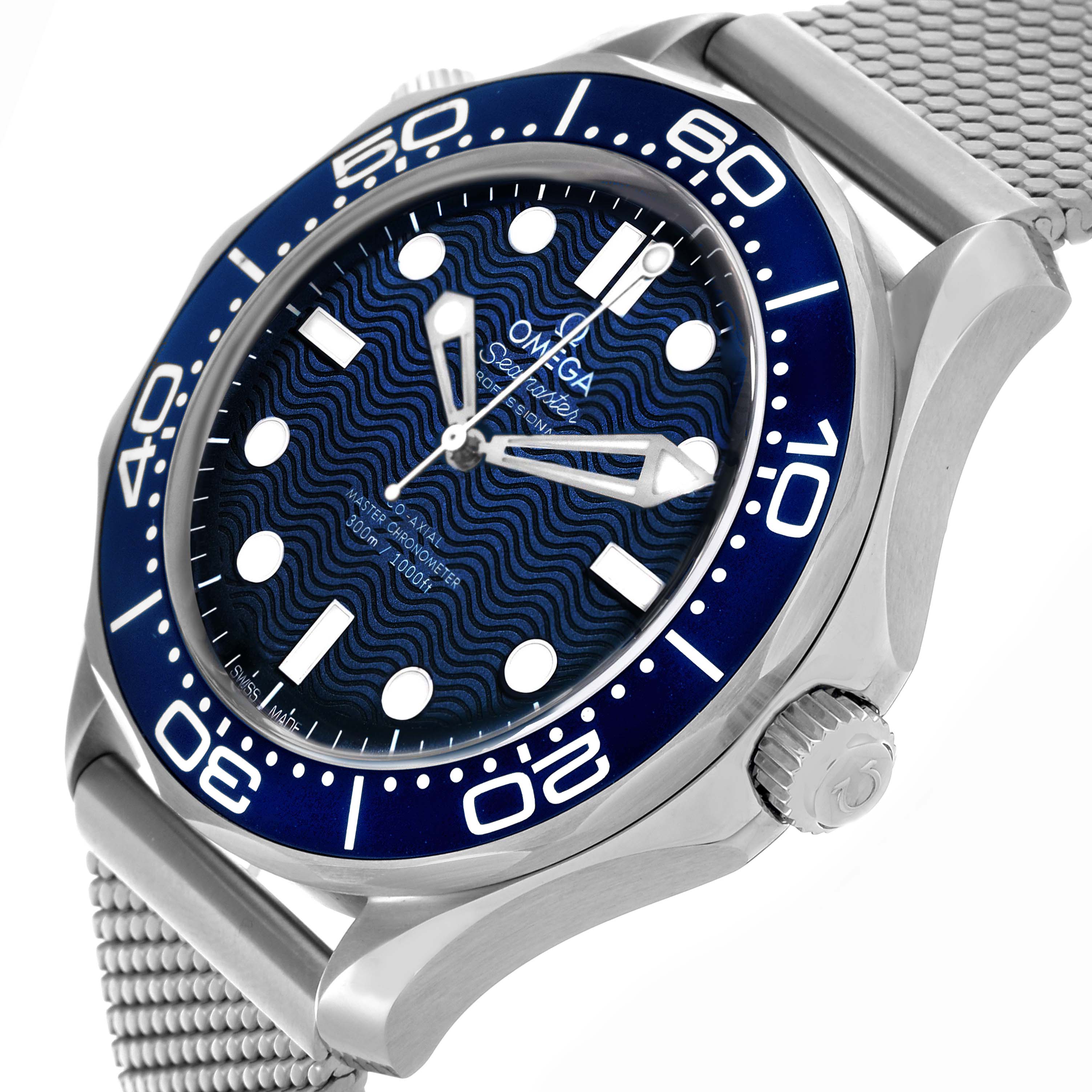 The Omega Seamaster 210.30.42.20.03.002 Men's Stainless Steel Blue Dial 210.30.42.20.03.002 Men's Stainless Steel Blue Dial watch is shown at an angled view highlighting the dial, bezel, crown, and mesh bracelet.