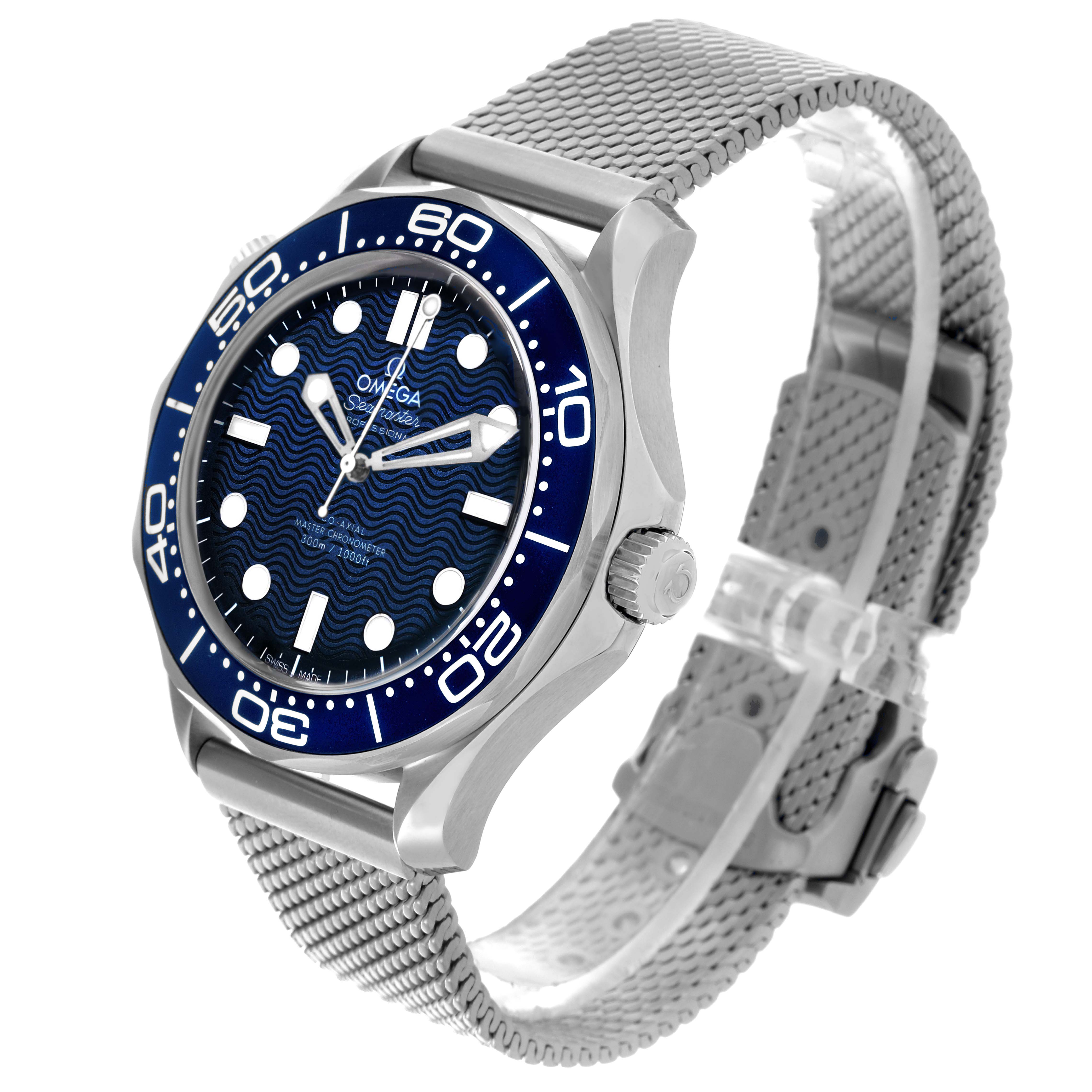 The Omega Seamaster 210.30.42.20.03.002 Men's Stainless Steel Blue Dial 210.30.42.20.03.002 Men's Stainless Steel Blue Dial watch is shown at a three-quarter angle, highlighting its blue bezel, wave-pattern dial, crown, and mesh strap.