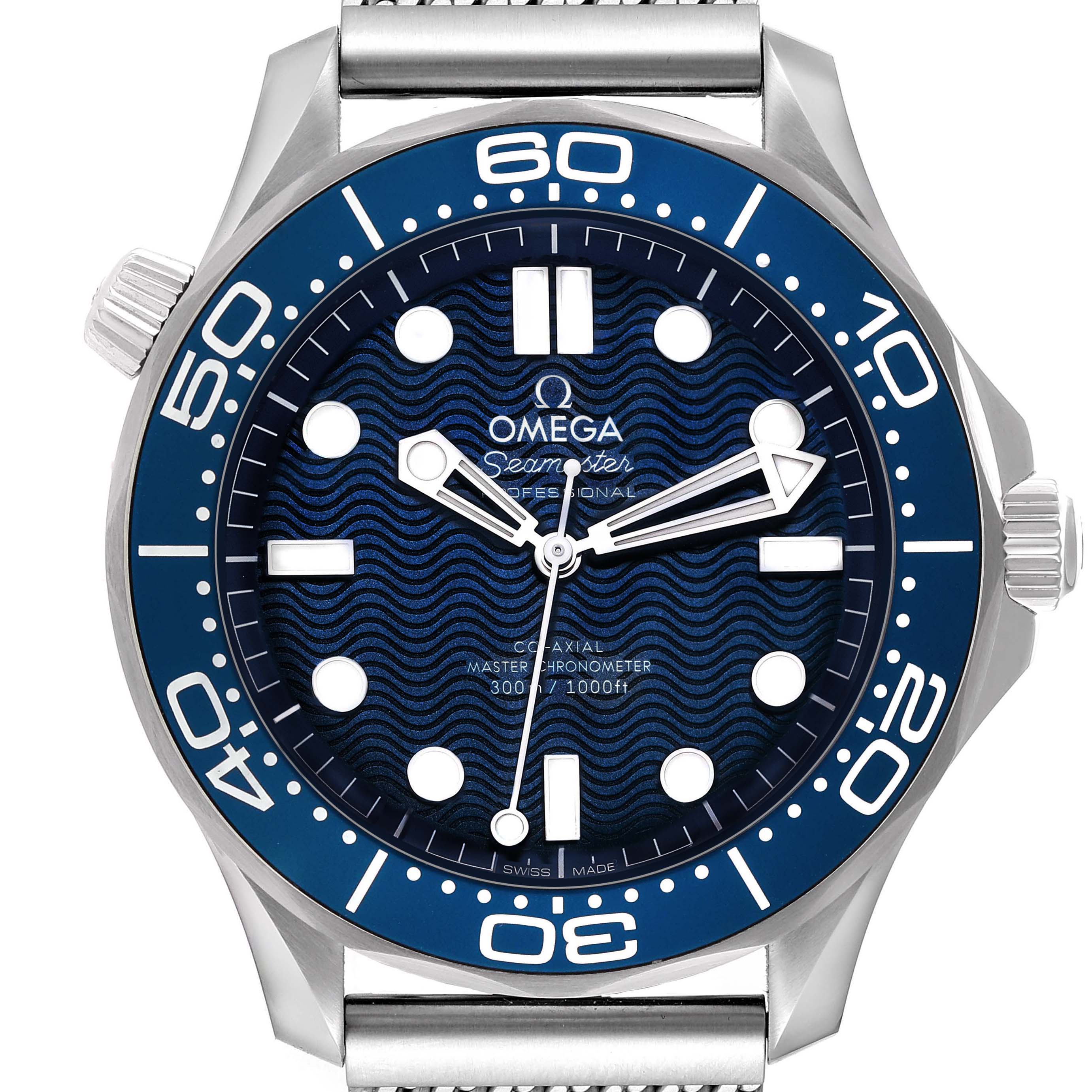 The Omega Seamaster 210.30.42.20.03.002 Men's Stainless Steel Blue Dial 210.30.42.20.03.002 Men's Stainless Steel Blue Dial watch is shown from a front angle, highlighting its blue bezel, wavy dial, and white indices.