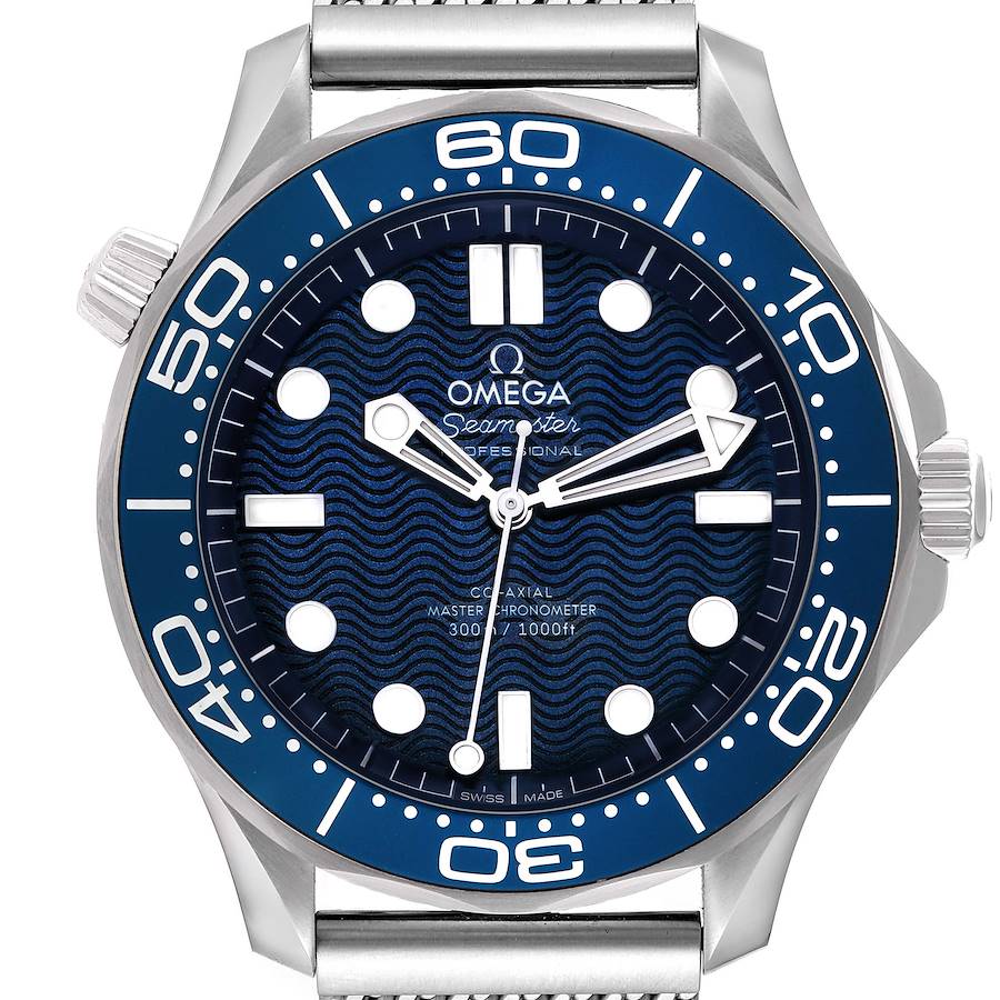 The Omega Seamaster watch is shown from a front angle, highlighting its blue bezel, wavy dial, and white indices.