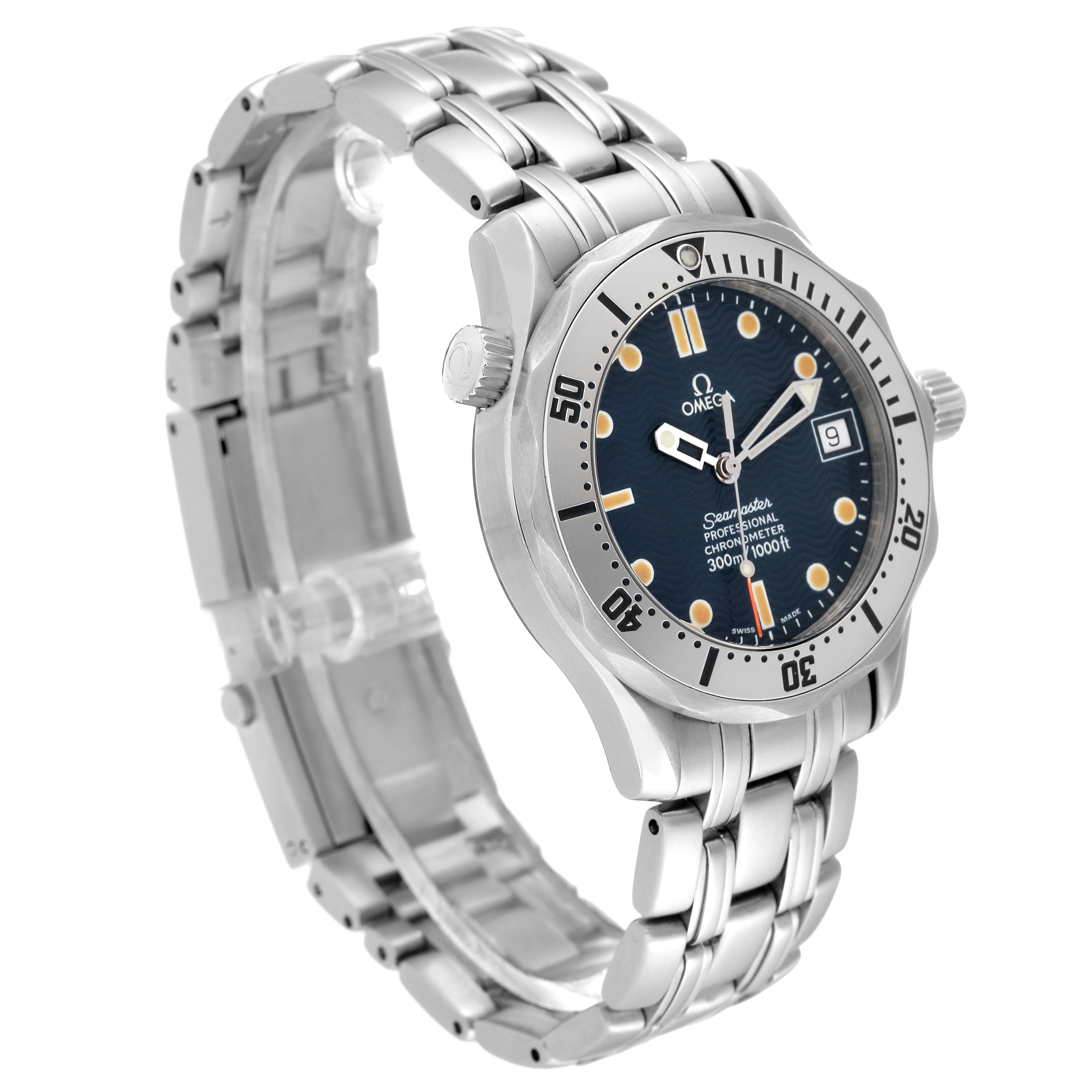 The Omega Seamaster 2552.80.00 Men
s Stainless Steel Blue Dial 2552.80.00 Men
s Stainless Steel Blue Dial watch is shown at a three-quarter angle, revealing its face, bracelet, bezel, crown, and date window.