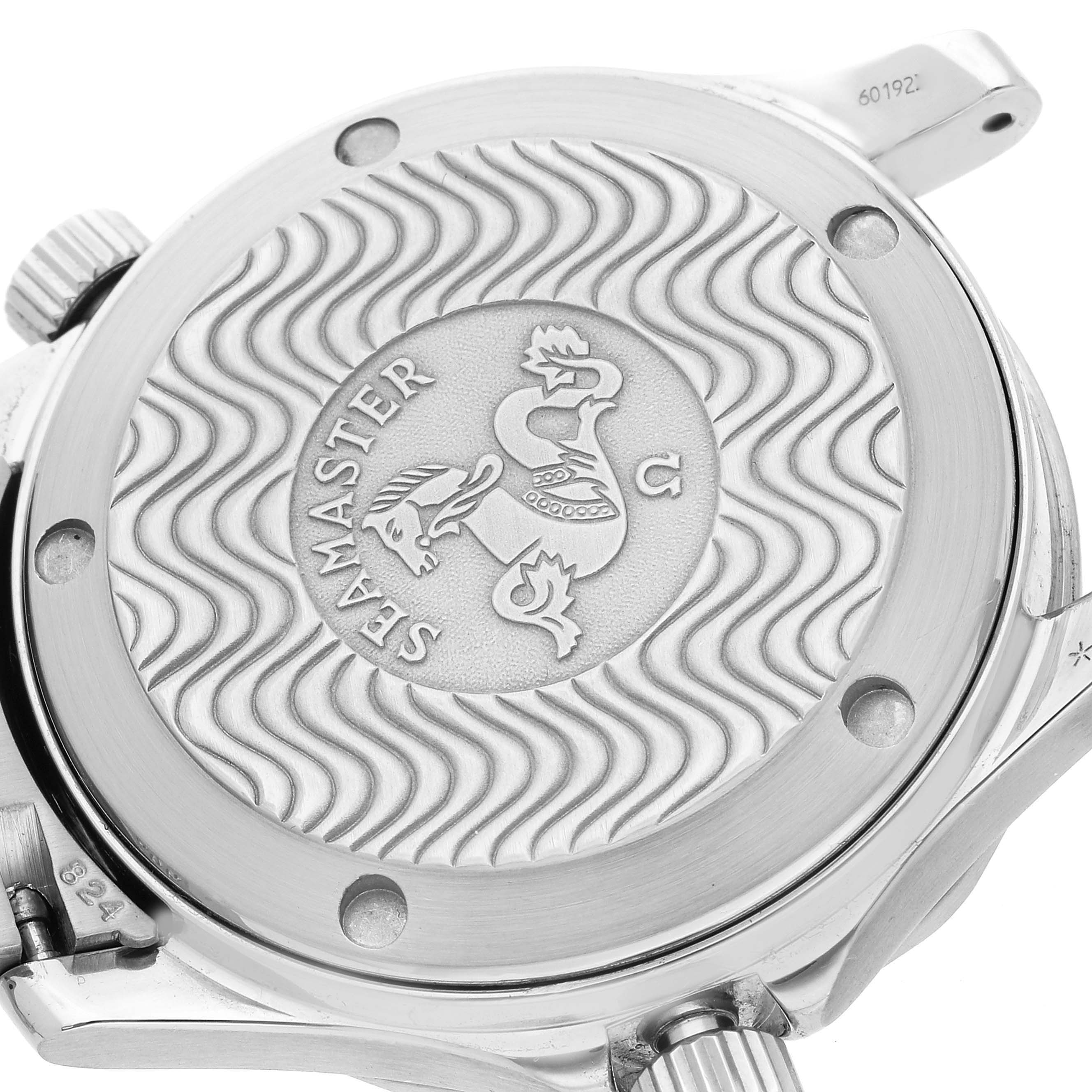 The image shows the back case of an Omega Seamaster 2552.80.00 Men
s Stainless Steel Blue Dial 2552.80.00 Men
s Stainless Steel Blue Dial watch, showcasing its detailed engravings and logo.