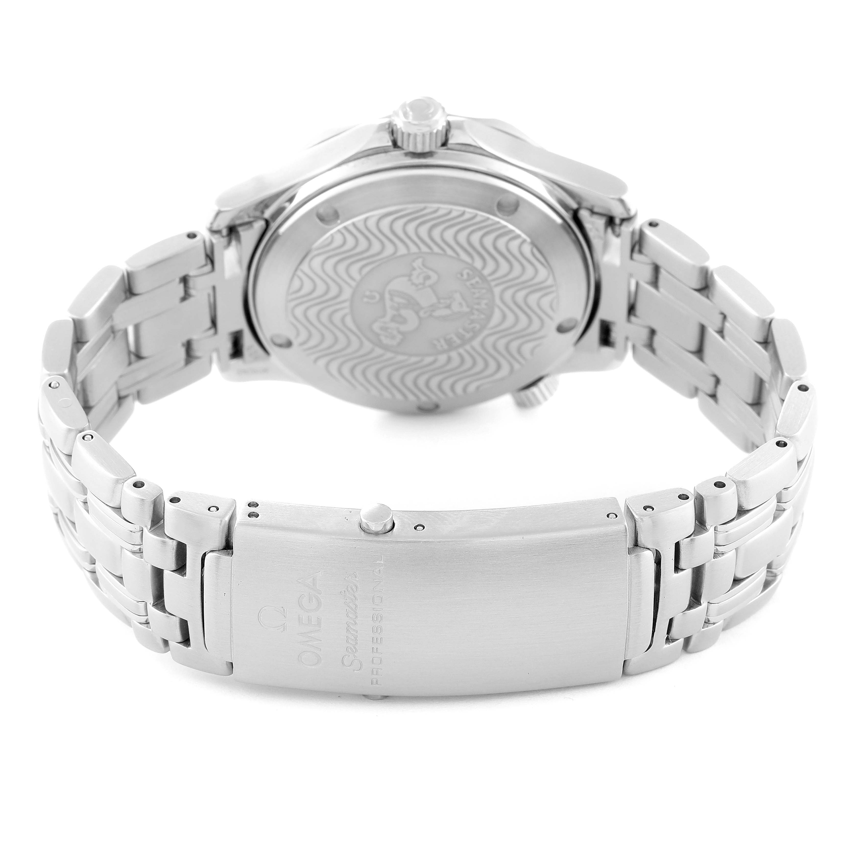 The image shows the back view of an Omega Seamaster 2552.80.00 Men
s Stainless Steel Blue Dial 2552.80.00 Men
s Stainless Steel Blue Dial watch, focusing on the case back and bracelet clasp.