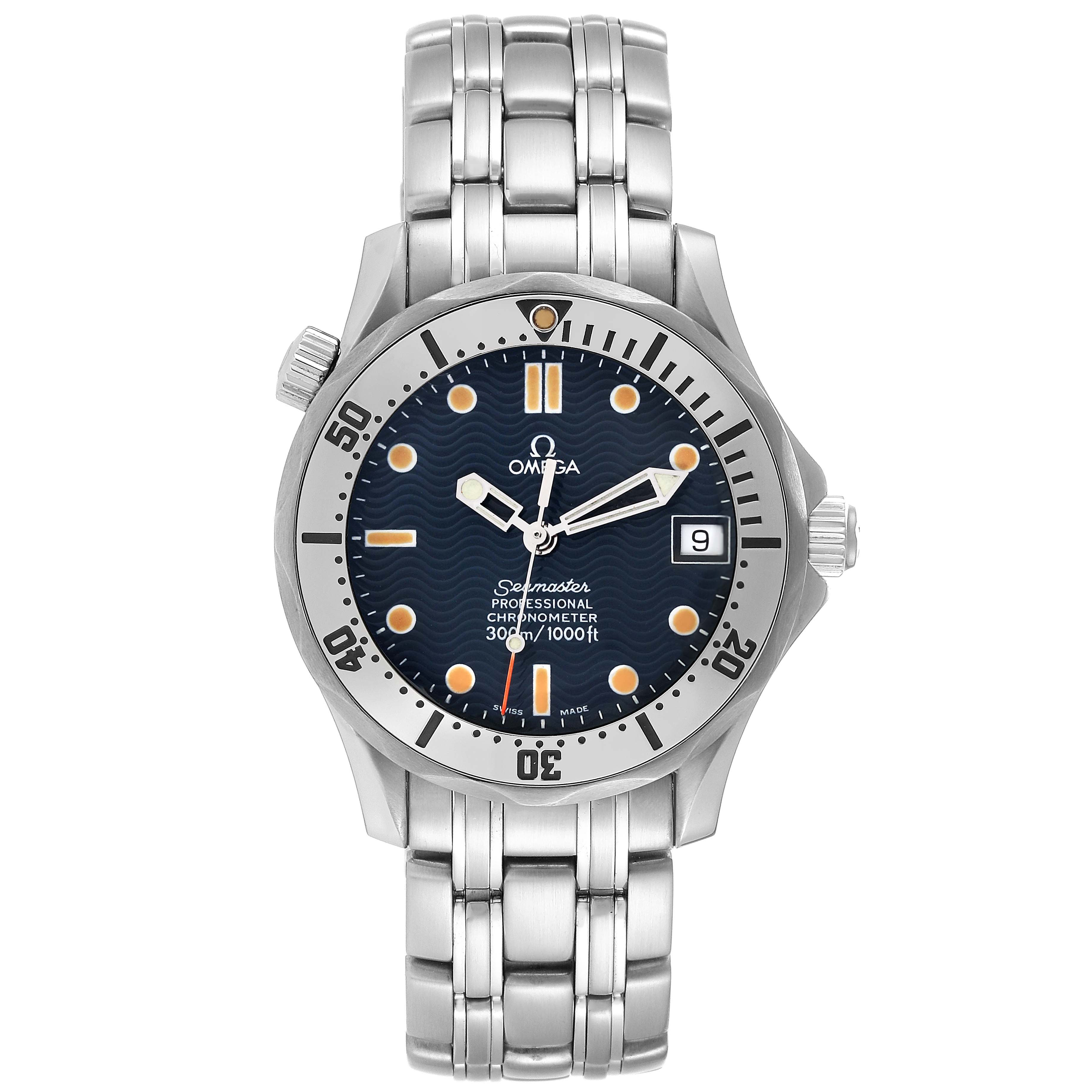 The image shows a front view of an Omega Seamaster 2552.80.00 Men
s Stainless Steel Blue Dial 2552.80.00 Men
s Stainless Steel Blue Dial watch, highlighting the dial, bracelet, and bezel.