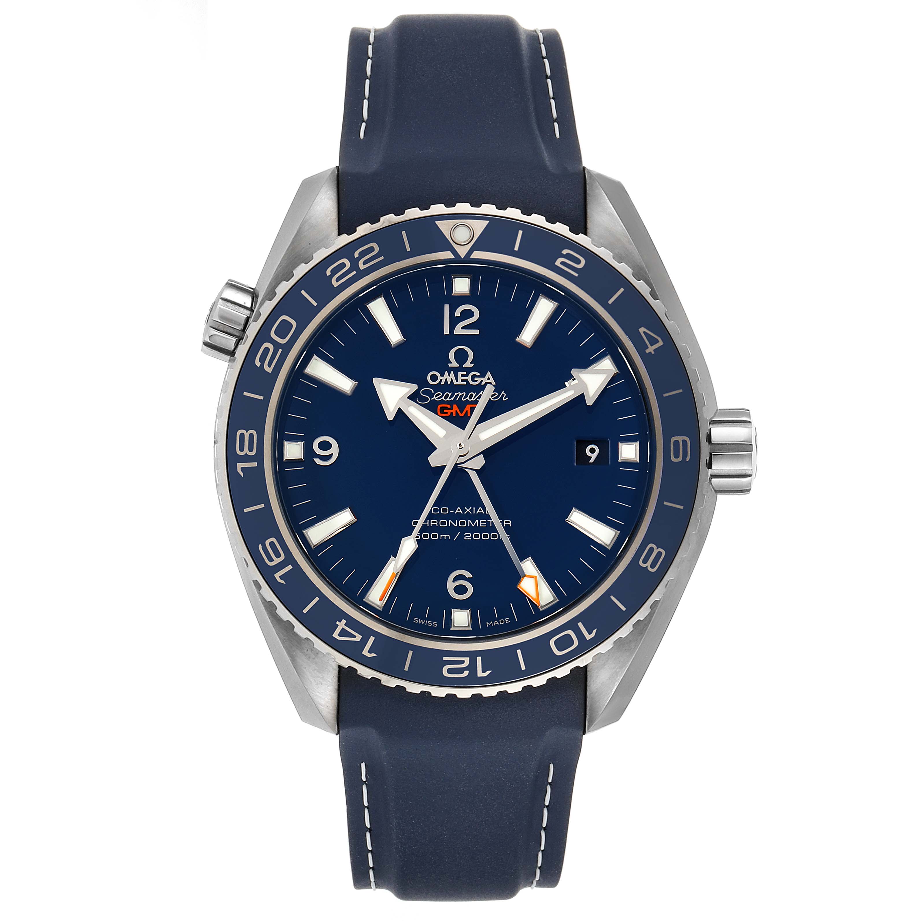 The Omega Planet Ocean 232.92.44.22.03.001 Men's Stainless Steel Blue Dial 232.92.44.22.03.001 Men's Stainless Steel Blue Dial watch is shown from the front, displaying its dial, bezel, and leather strap.