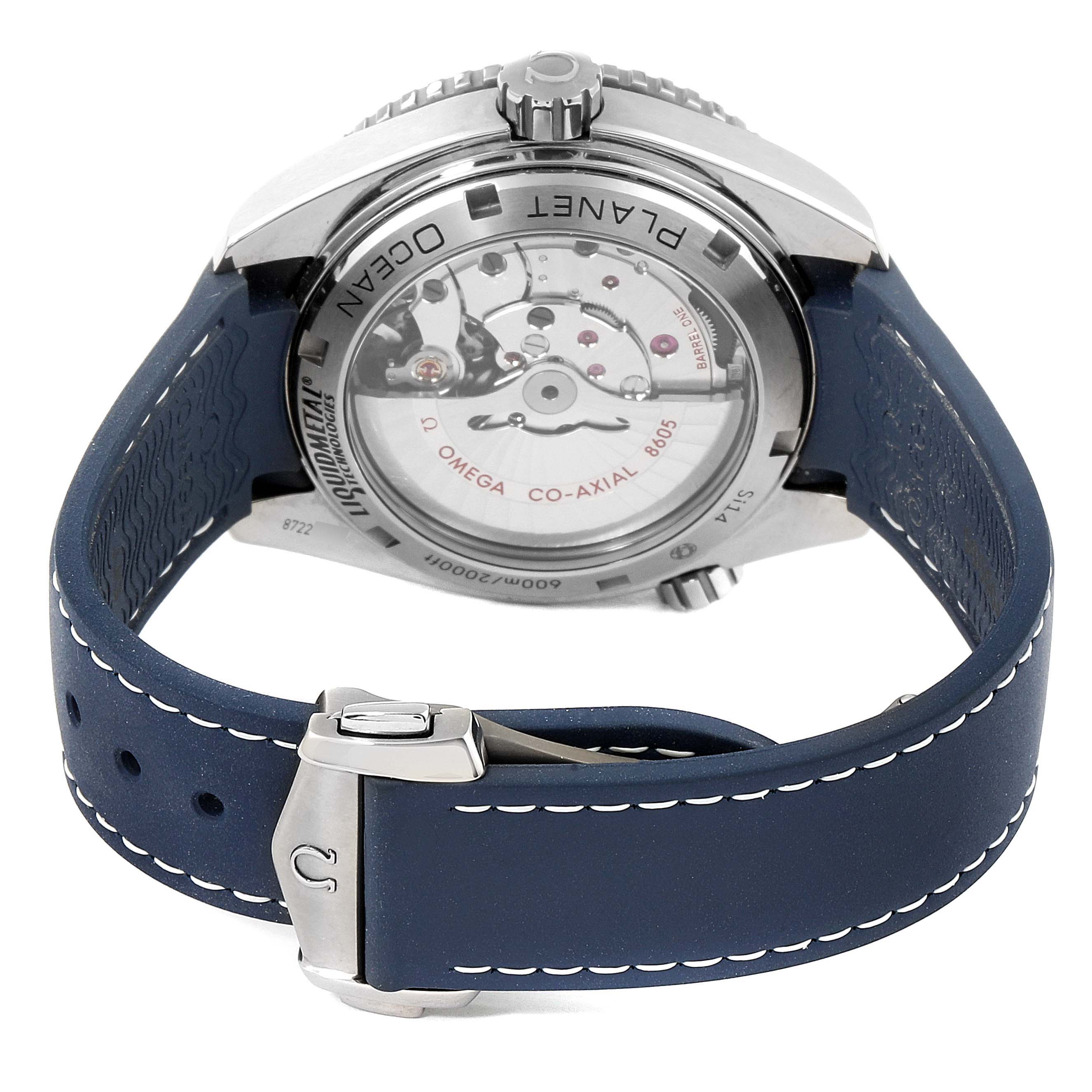The image shows the back view of an Omega Planet Ocean 232.92.44.22.03.001 Men's Stainless Steel Blue Dial 232.92.44.22.03.001 Men's Stainless Steel Blue Dial watch, highlighting its movement and the blue strap.
