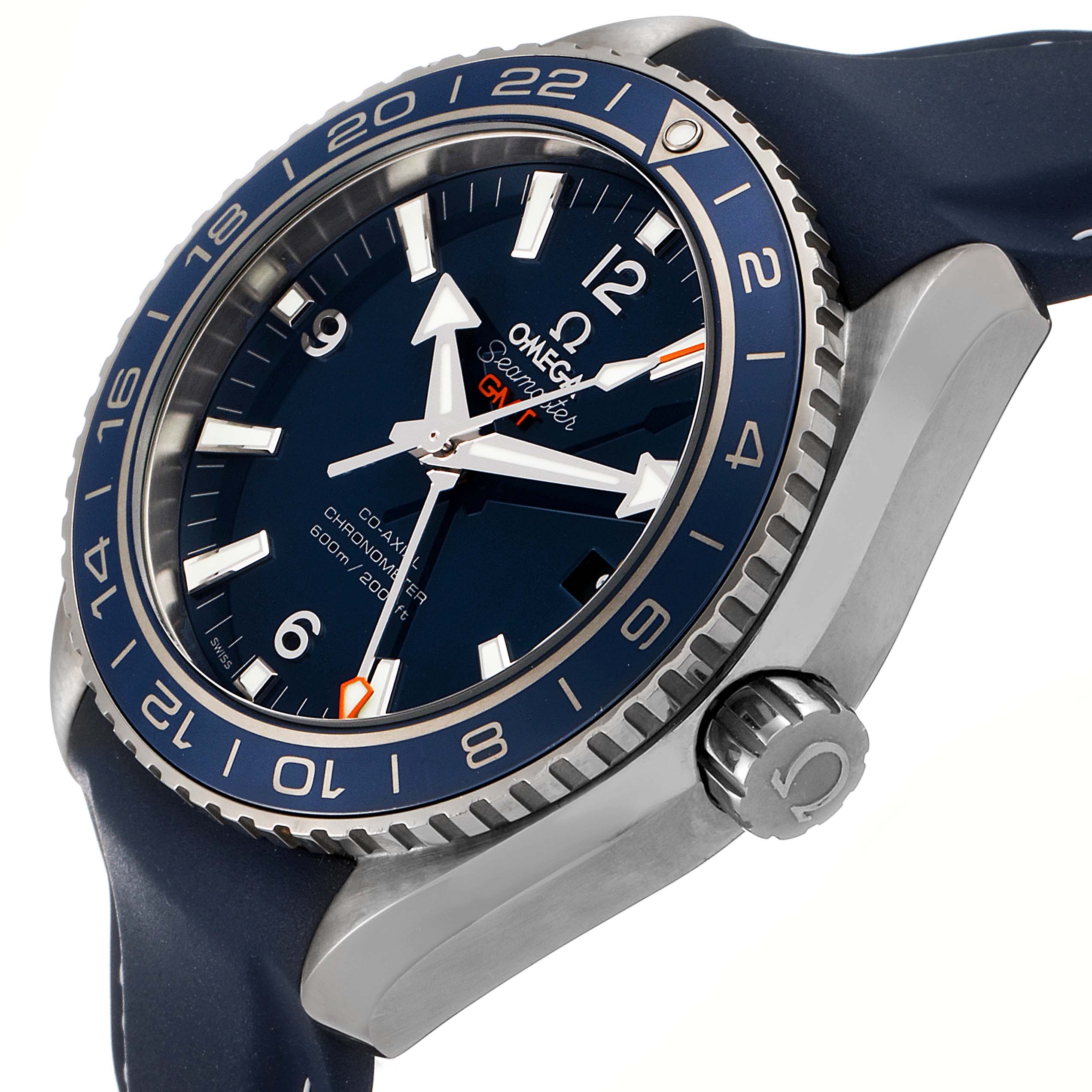 This angled shot of the Omega Planet Ocean 232.92.44.22.03.001 Men's Stainless Steel Blue Dial 232.92.44.22.03.001 Men's Stainless Steel Blue Dial watch shows the face, bezel, crown, and part of the strap.