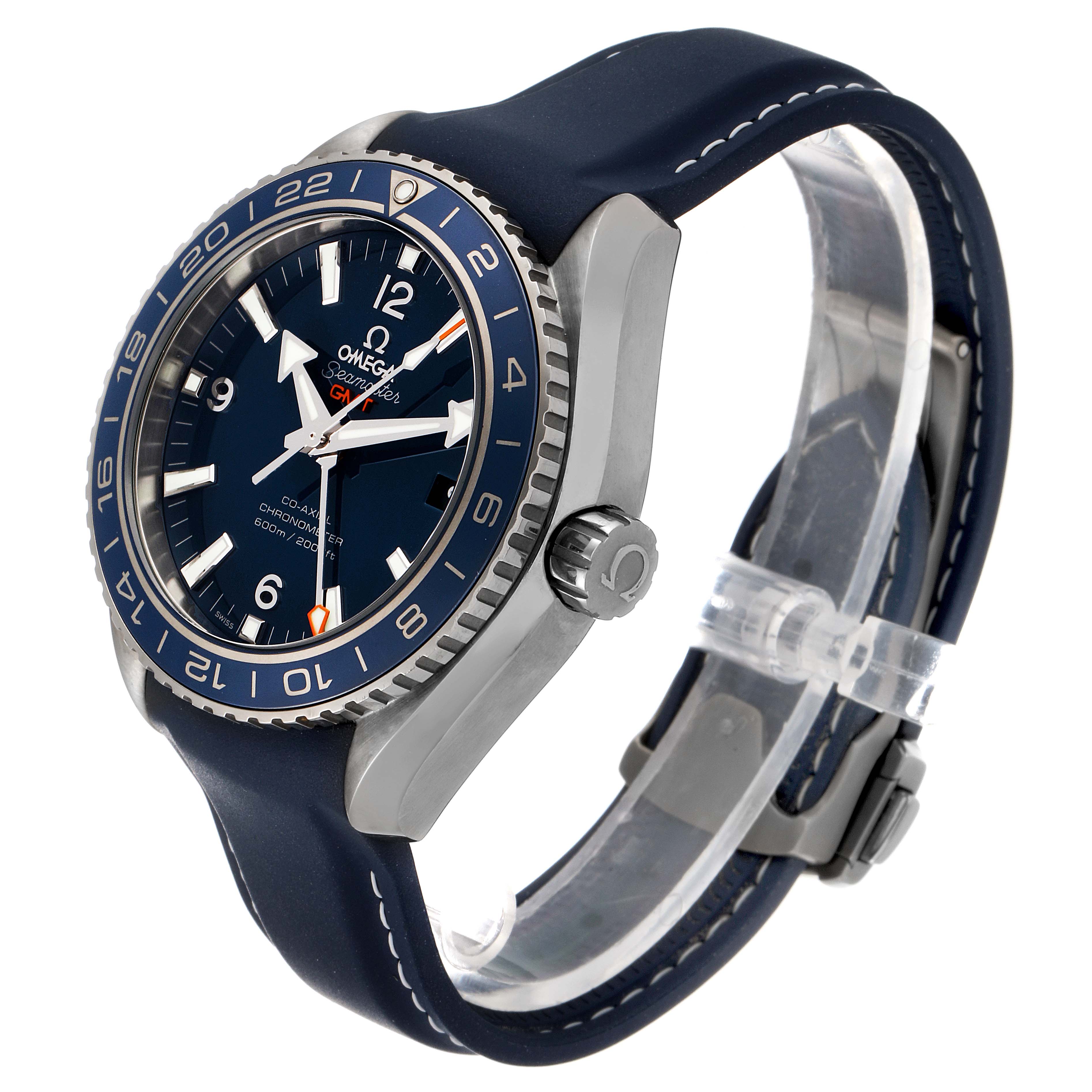 The image shows a side angle of an Omega Planet Ocean 232.92.44.22.03.001 Men's Stainless Steel Blue Dial 232.92.44.22.03.001 Men's Stainless Steel Blue Dial watch, highlighting the face, bezel, crown, and strap.