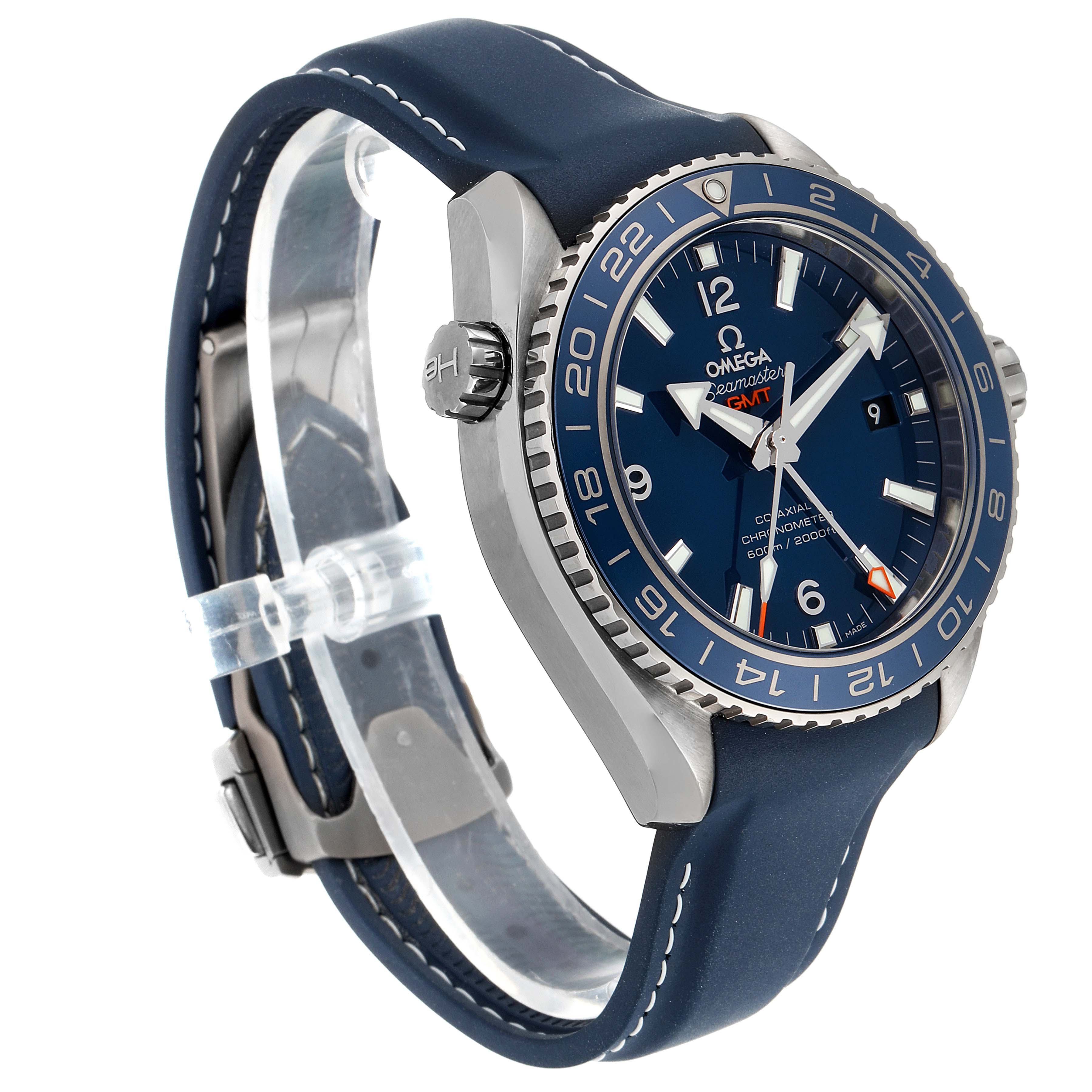 The Omega Planet Ocean 232.92.44.22.03.001 Men's Stainless Steel Blue Dial 232.92.44.22.03.001 Men's Stainless Steel Blue Dial watch is shown at a three-quarter angle, displaying its face, bezel, crown, and strap.