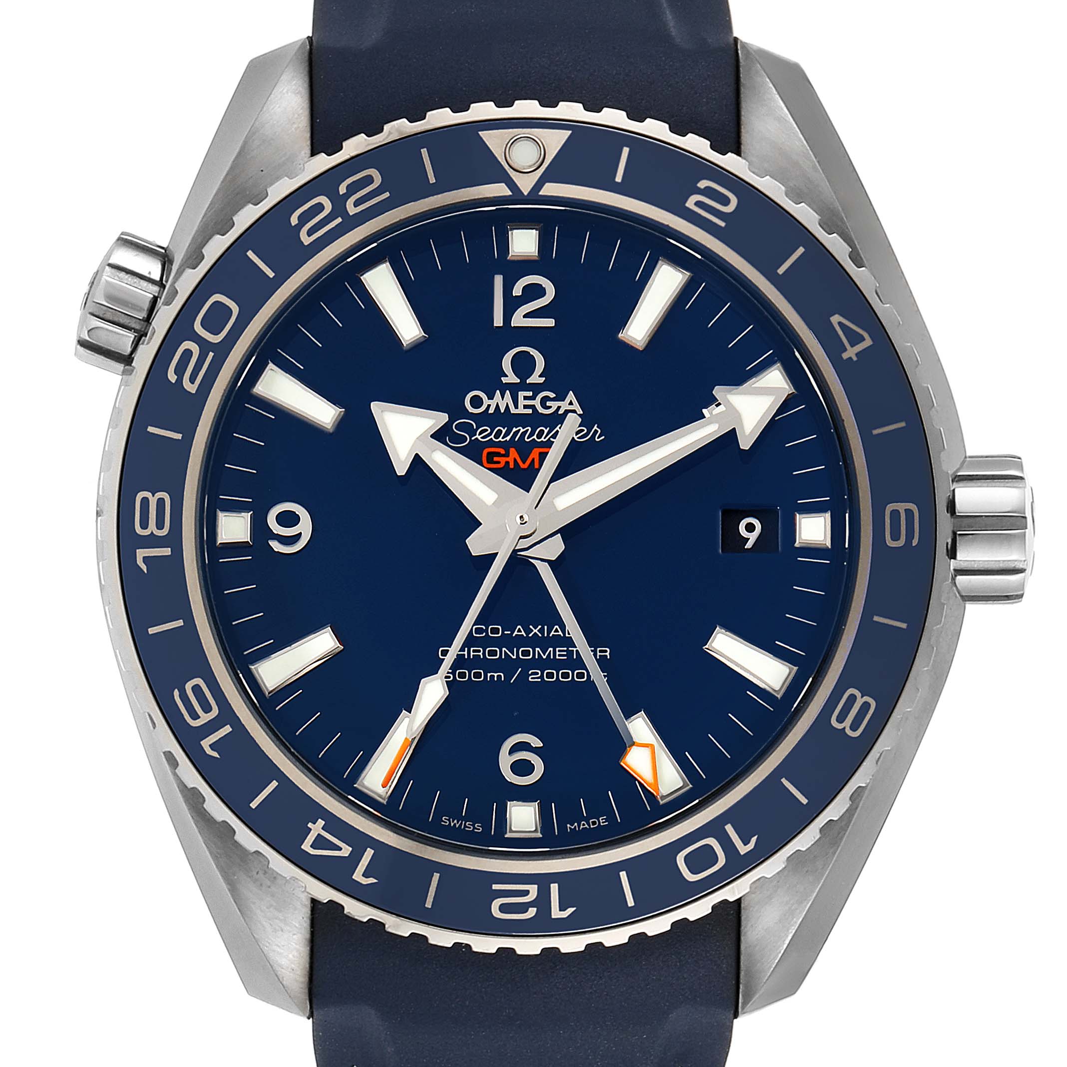 The image shows the face, bezel, and crown of the Omega Planet Ocean 232.92.44.22.03.001 Men's Stainless Steel Blue Dial 232.92.44.22.03.001 Men's Stainless Steel Blue Dial GMT watch from a front angle.