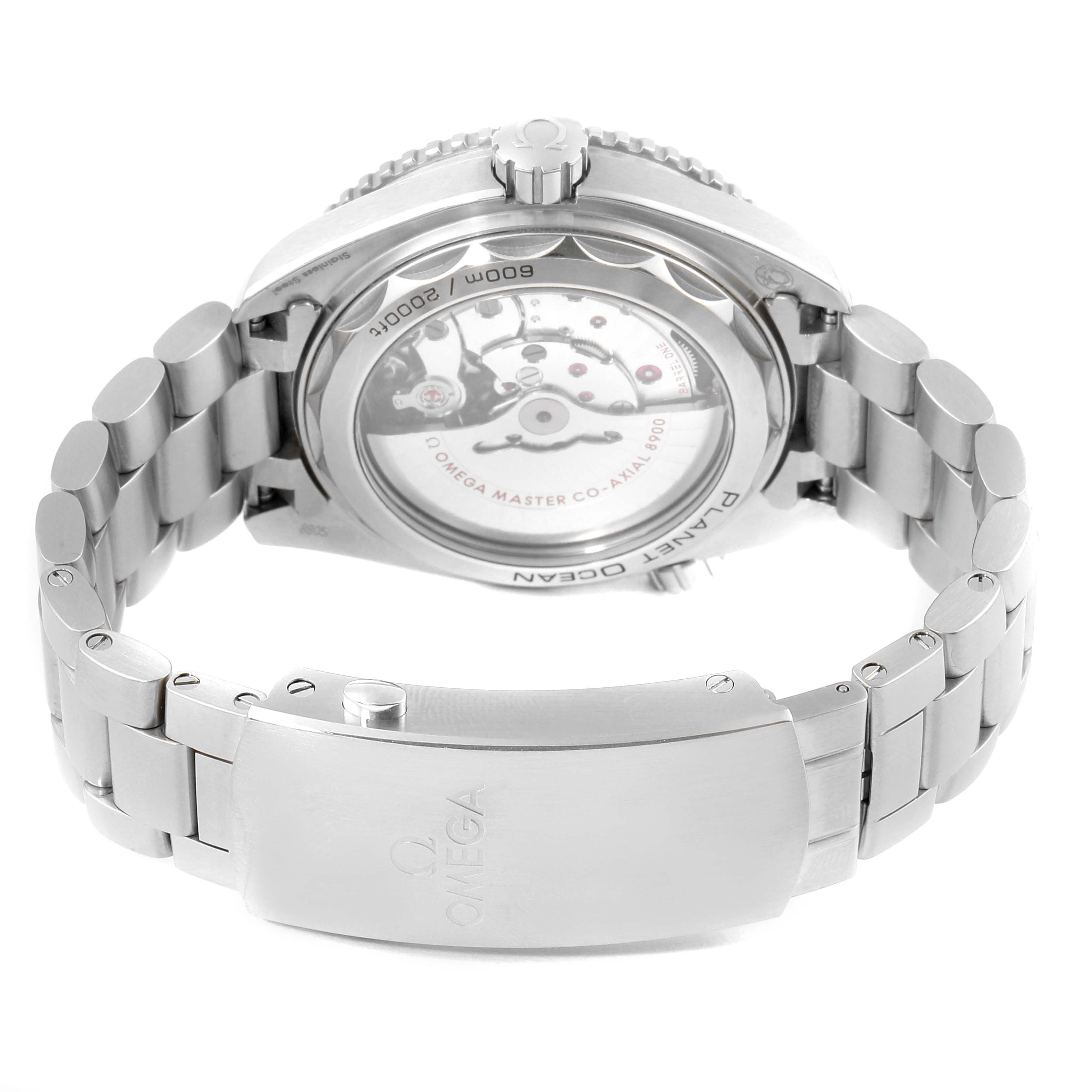 This image shows the back and clasp of the Omega Planet Ocean 215.30.44.21.03.001 Men's Stainless Steel Blue Dial 215.30.44.21.03.001 Men's Stainless Steel Blue Dial watch, highlighting its movement mechanism and bracelet.