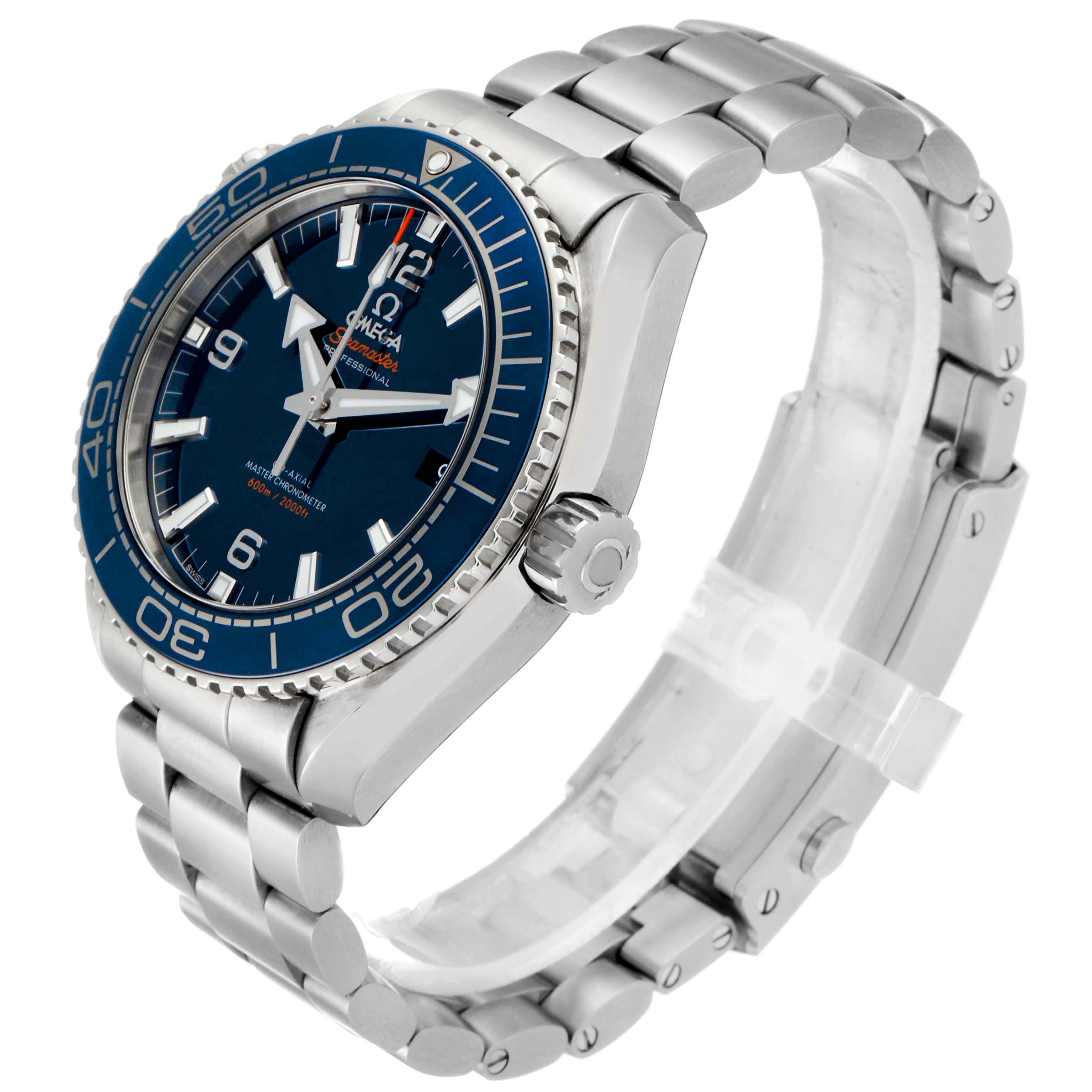 The image shows a side angle of the Omega Planet Ocean 215.30.44.21.03.001 Men's Stainless Steel Blue Dial 215.30.44.21.03.001 Men's Stainless Steel Blue Dial watch, highlighting the bezel, dial, crown, and bracelet.