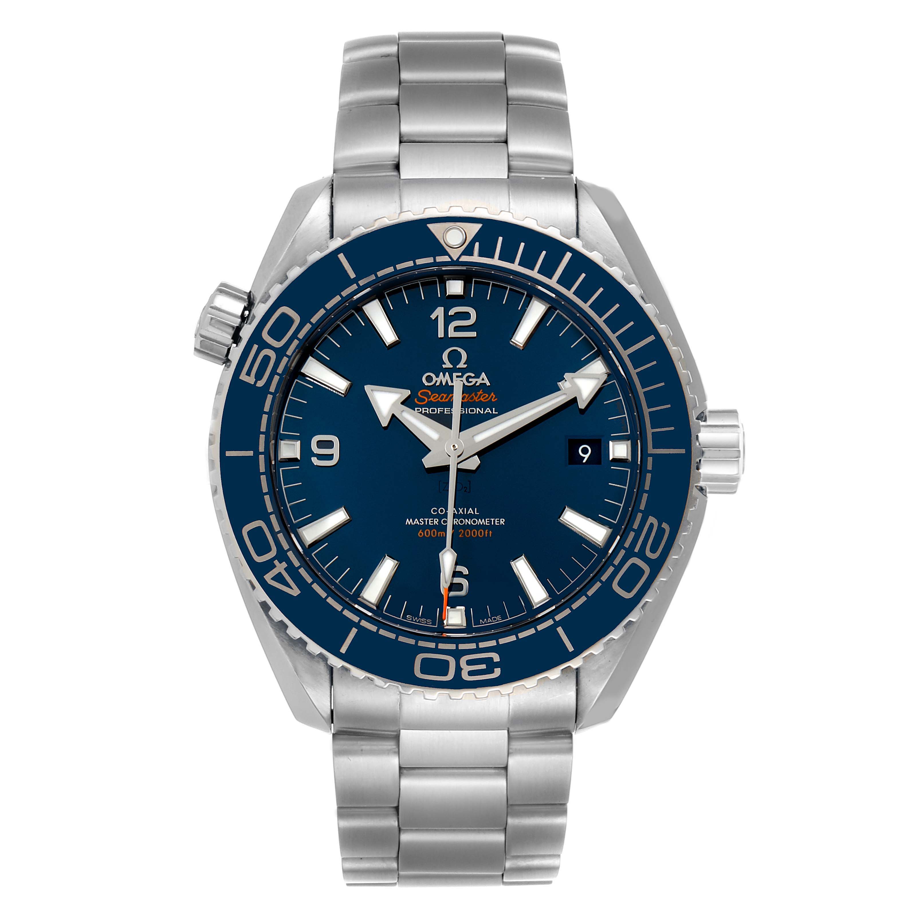 The image shows a front view of the Omega Planet Ocean 215.30.44.21.03.001 Men's Stainless Steel Blue Dial 215.30.44.21.03.001 Men's Stainless Steel Blue Dial watch, displaying its stainless steel bracelet, case, dial, and bezel.