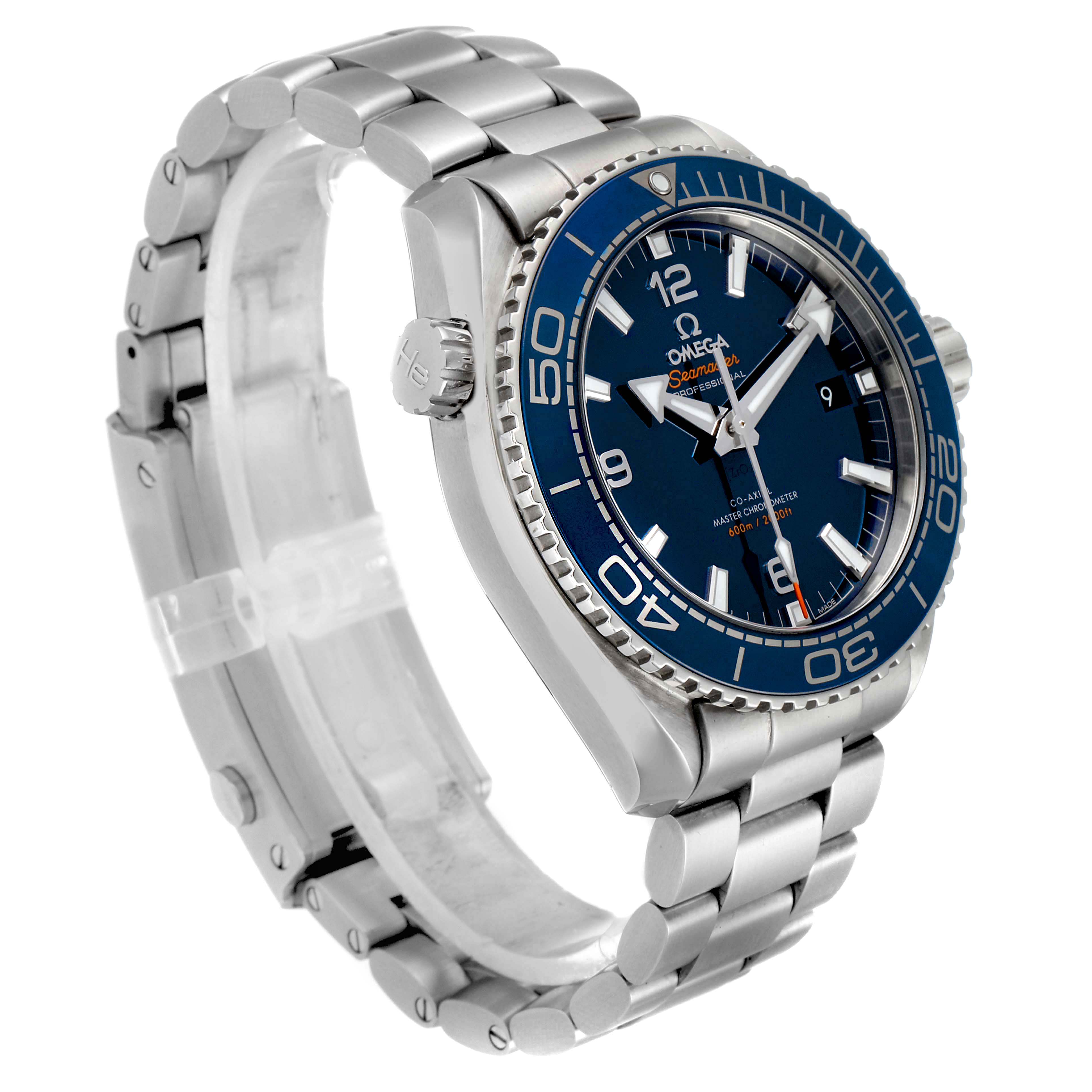 The image shows an angled view of an Omega Planet Ocean 215.30.44.21.03.001 Men's Stainless Steel Blue Dial 215.30.44.21.03.001 Men's Stainless Steel Blue Dial watch, highlighting the face, bezel, crown, and metal bracelet.