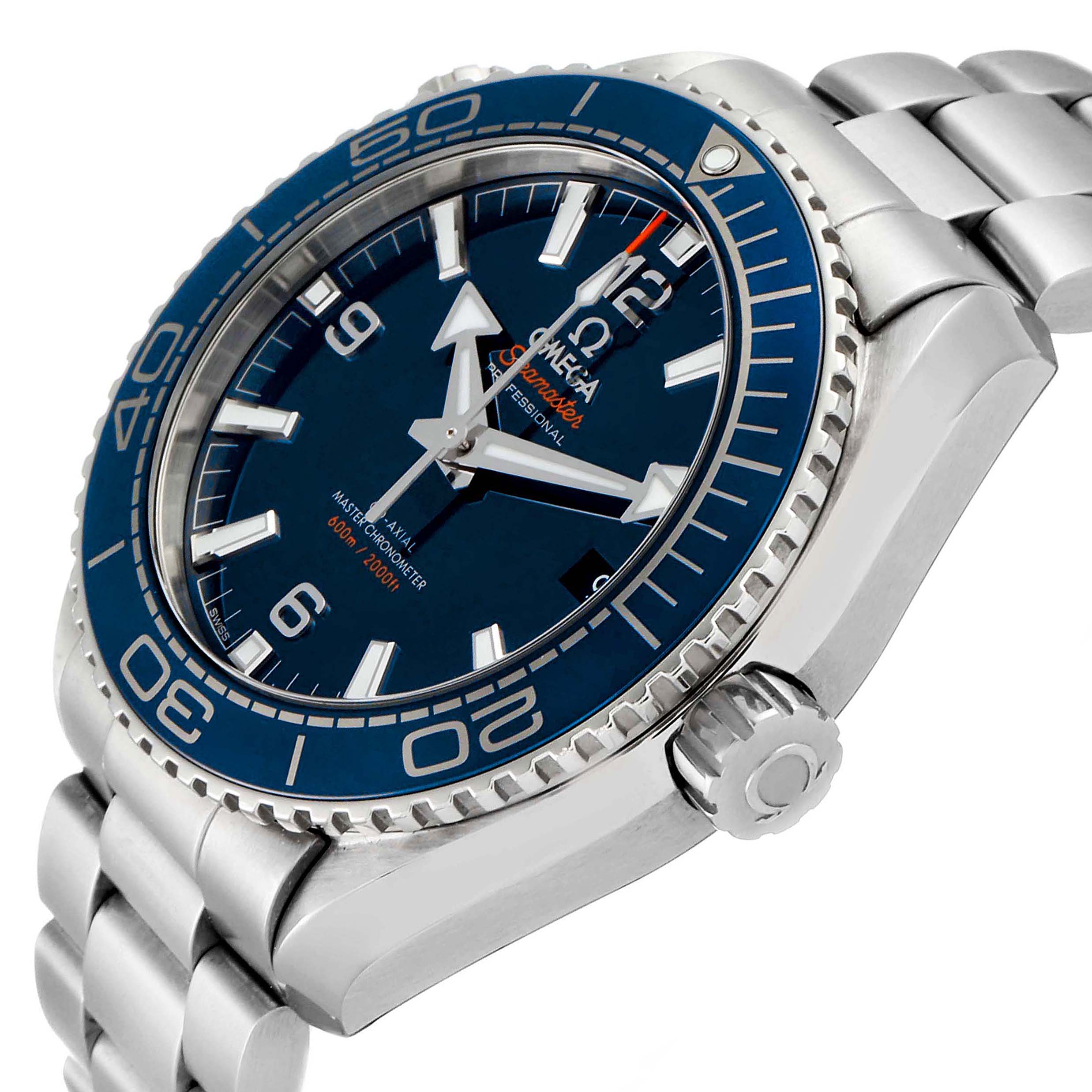 The image showcases an angled view of the Omega Planet Ocean 215.30.44.21.03.001 Men's Stainless Steel Blue Dial 215.30.44.21.03.001 Men's Stainless Steel Blue Dial watch, highlighting the face, bezel, crown, and part of the metal bracelet.