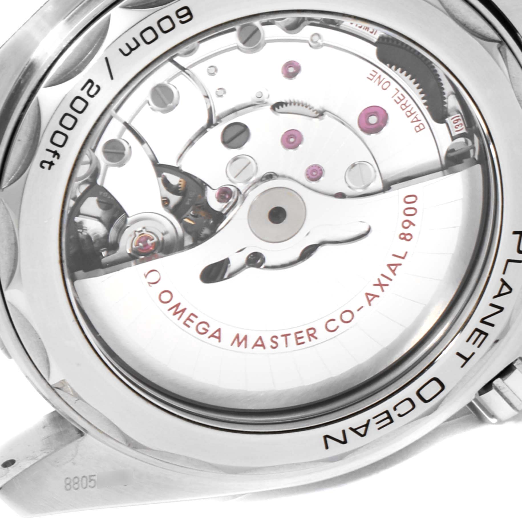 The image shows the back of the Omega Planet Ocean 215.30.44.21.03.001 Men's Stainless Steel Blue Dial 215.30.44.21.03.001 Men's Stainless Steel Blue Dial watch, highlighting the inner mechanism and "Omega Master Co-Axial 8900" text.