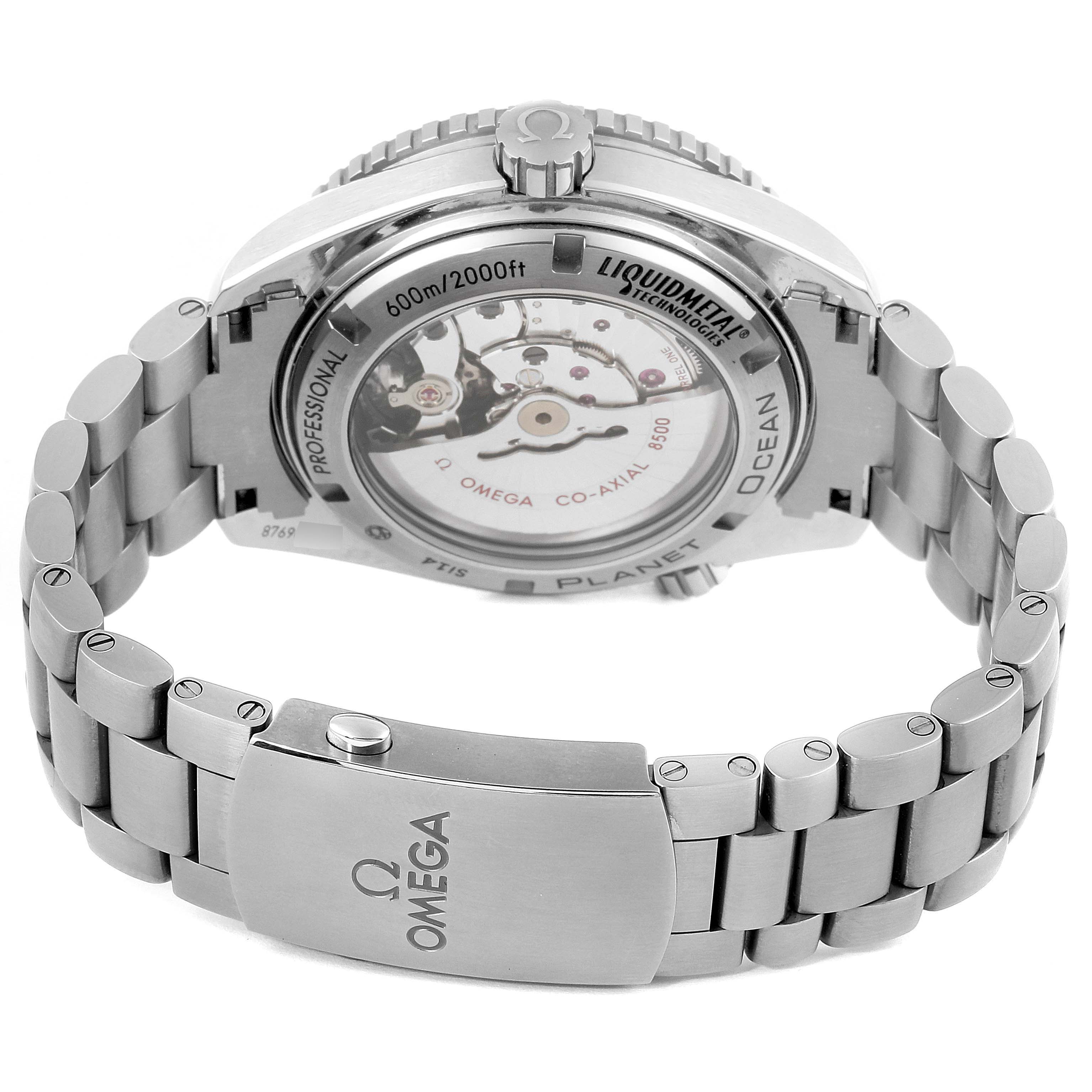 The image shows the Omega Planet Ocean 232.90.46.21.03.001 Men's Titanium Blue Dial 232.90.46.21.03.001 Men's Titanium Blue Dial watch from a rear view, highlighting the clasp, bracelet, and open case back.