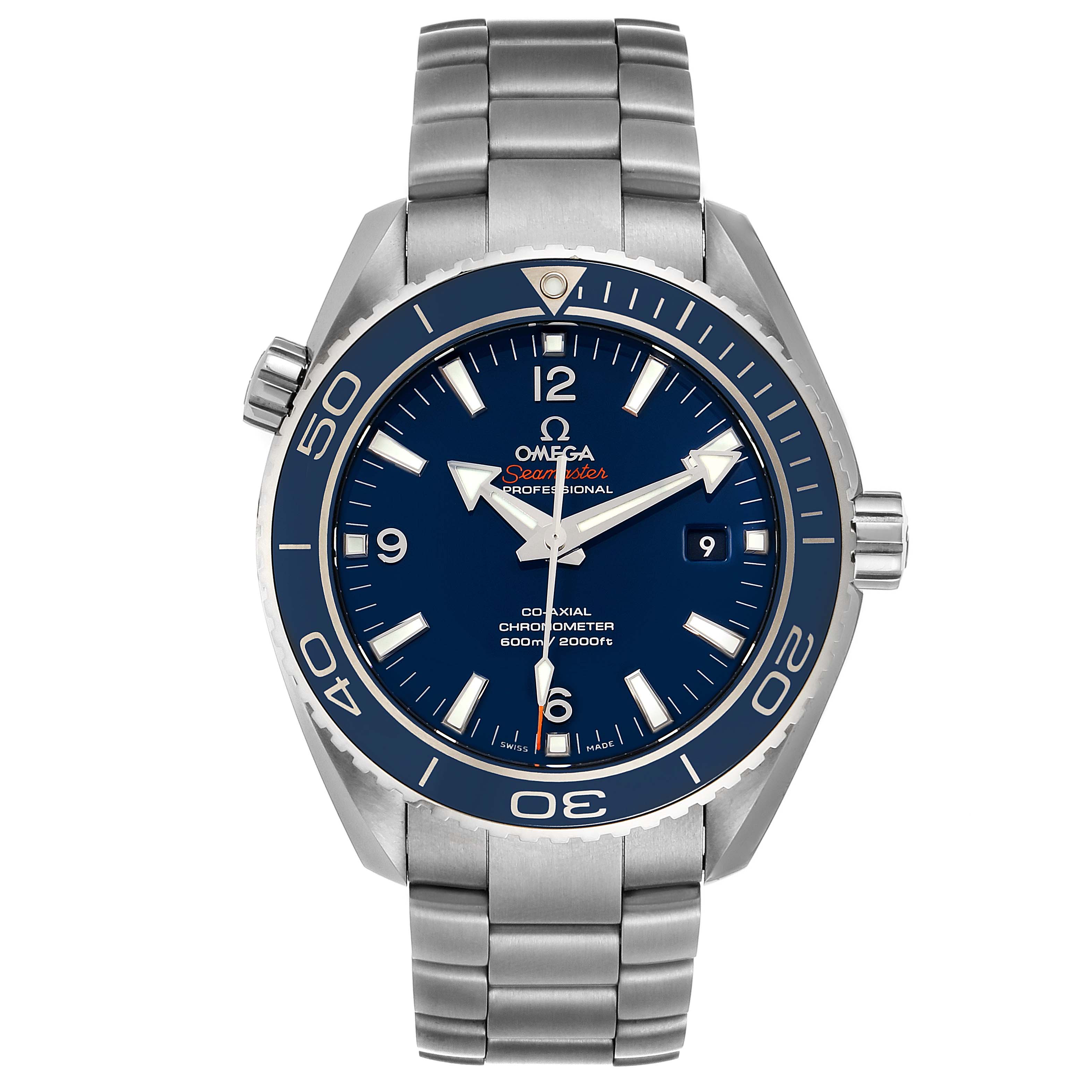 The Omega Planet Ocean 232.90.46.21.03.001 Men's Titanium Blue Dial 232.90.46.21.03.001 Men's Titanium Blue Dial model is shown from a front angle, displaying its blue dial, bezel, and stainless steel bracelet.