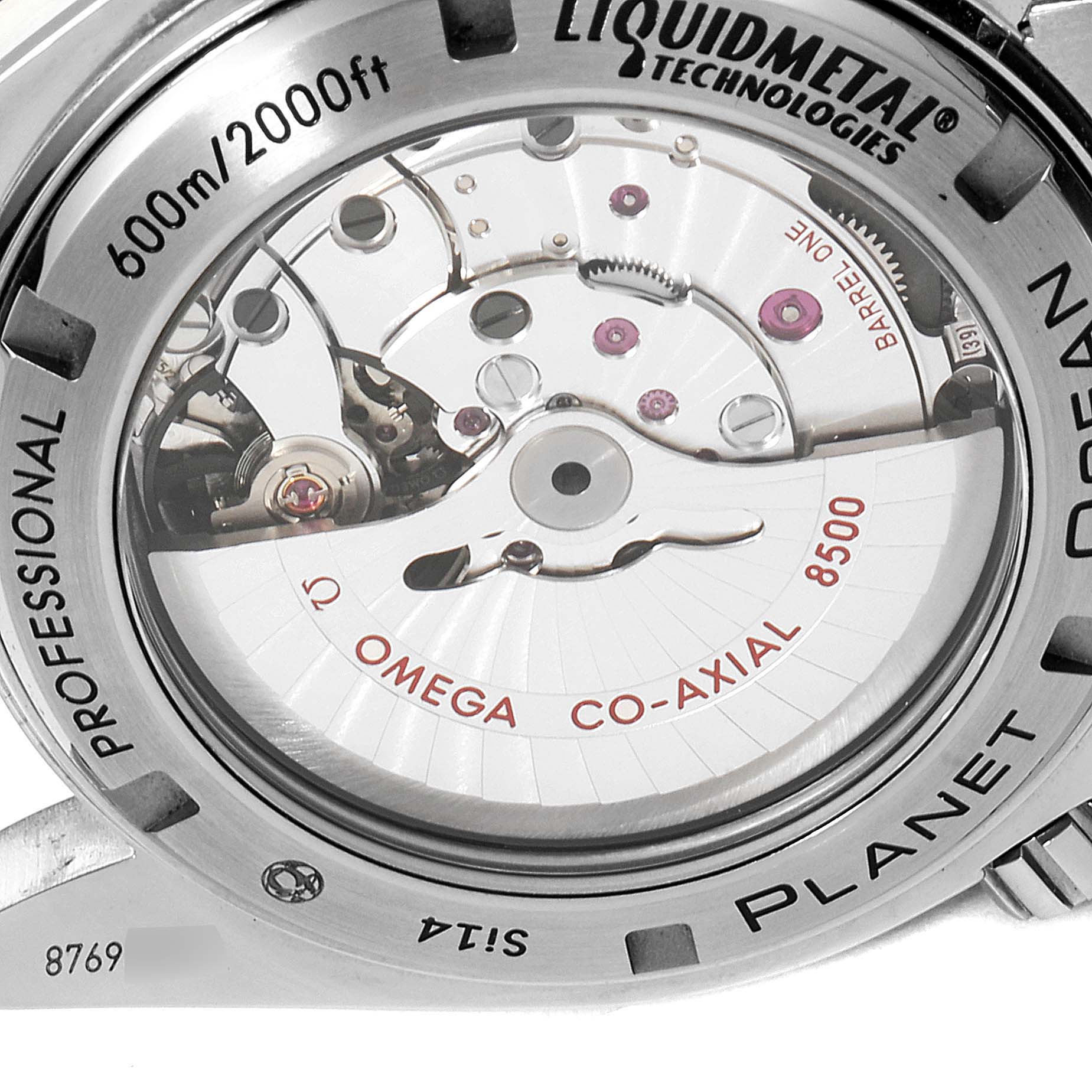 The image shows the case back of the Omega Planet Ocean 232.90.46.21.03.001 Men's Titanium Blue Dial 232.90.46.21.03.001 Men's Titanium Blue Dial watch, revealing the movement and inscriptions.