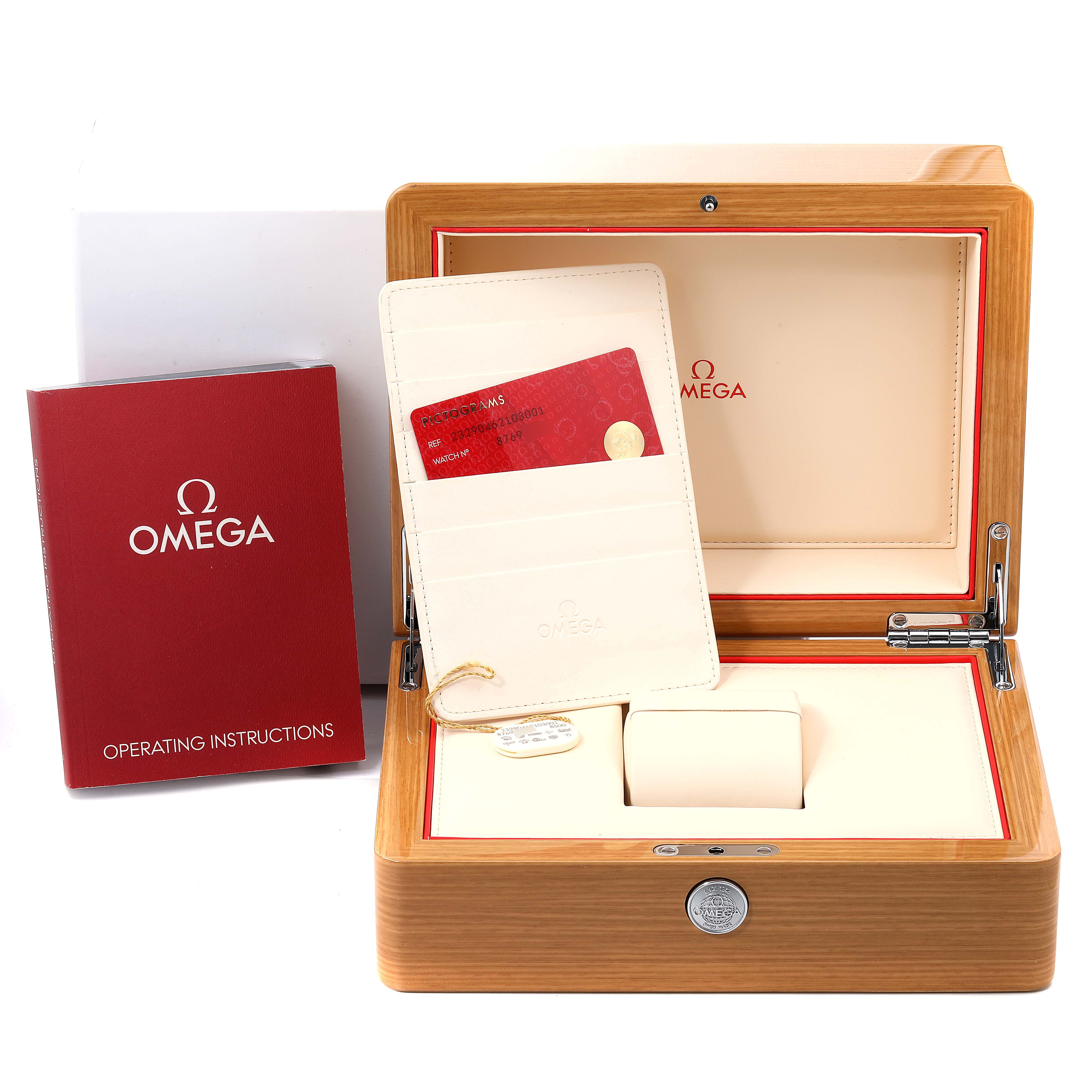 The image shows an Omega Planet Ocean 232.90.46.21.03.001 Men's Titanium Blue Dial 232.90.46.21.03.001 Men's Titanium Blue Dial watch box, warranty card, card holder, and the operating instructions booklet.