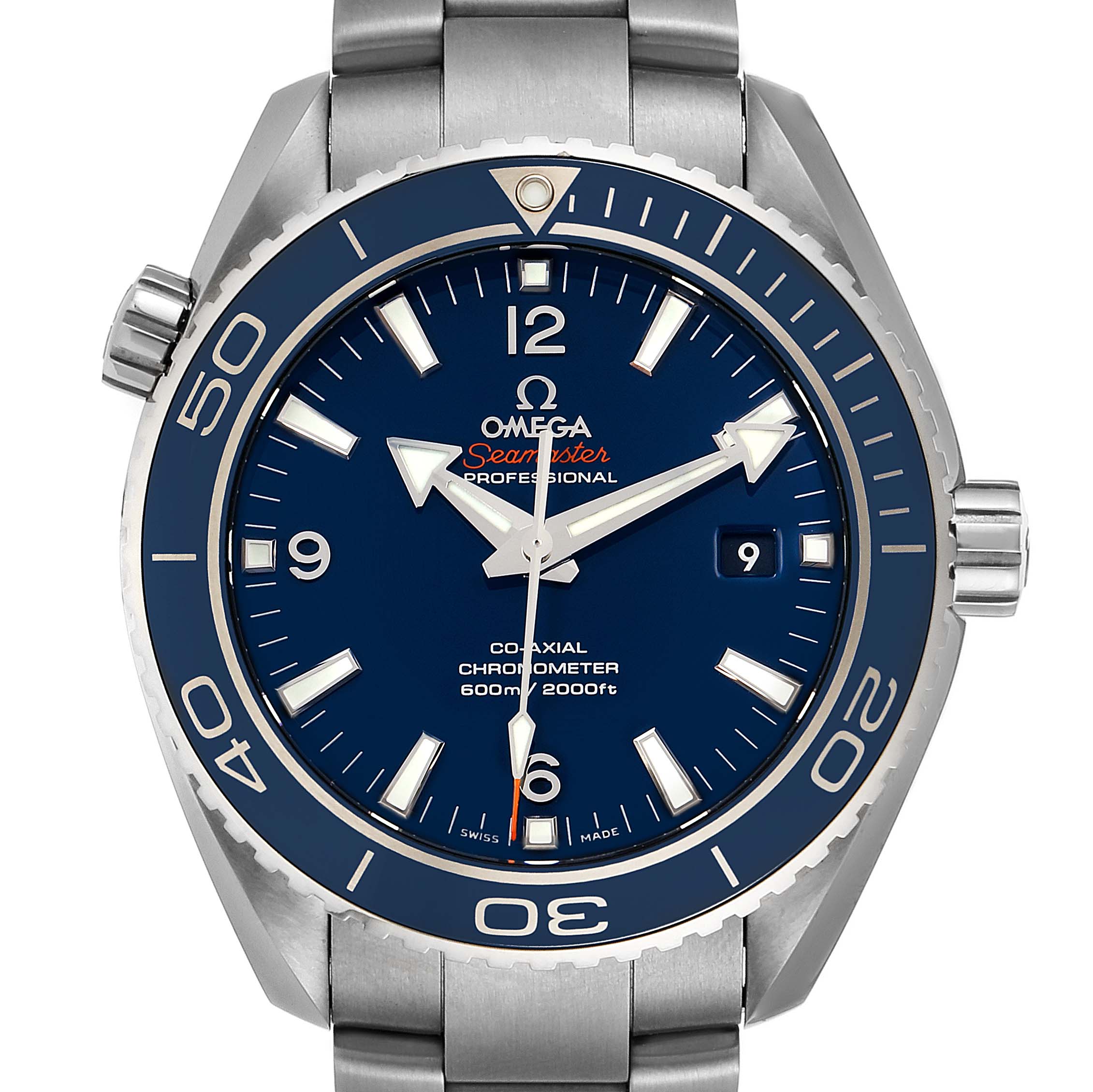 The image shows a front view of the Omega Planet Ocean 232.90.46.21.03.001 Men's Titanium Blue Dial 232.90.46.21.03.001 Men's Titanium Blue Dial watch, highlighting the dial, bezel, crown, and part of the bracelet.