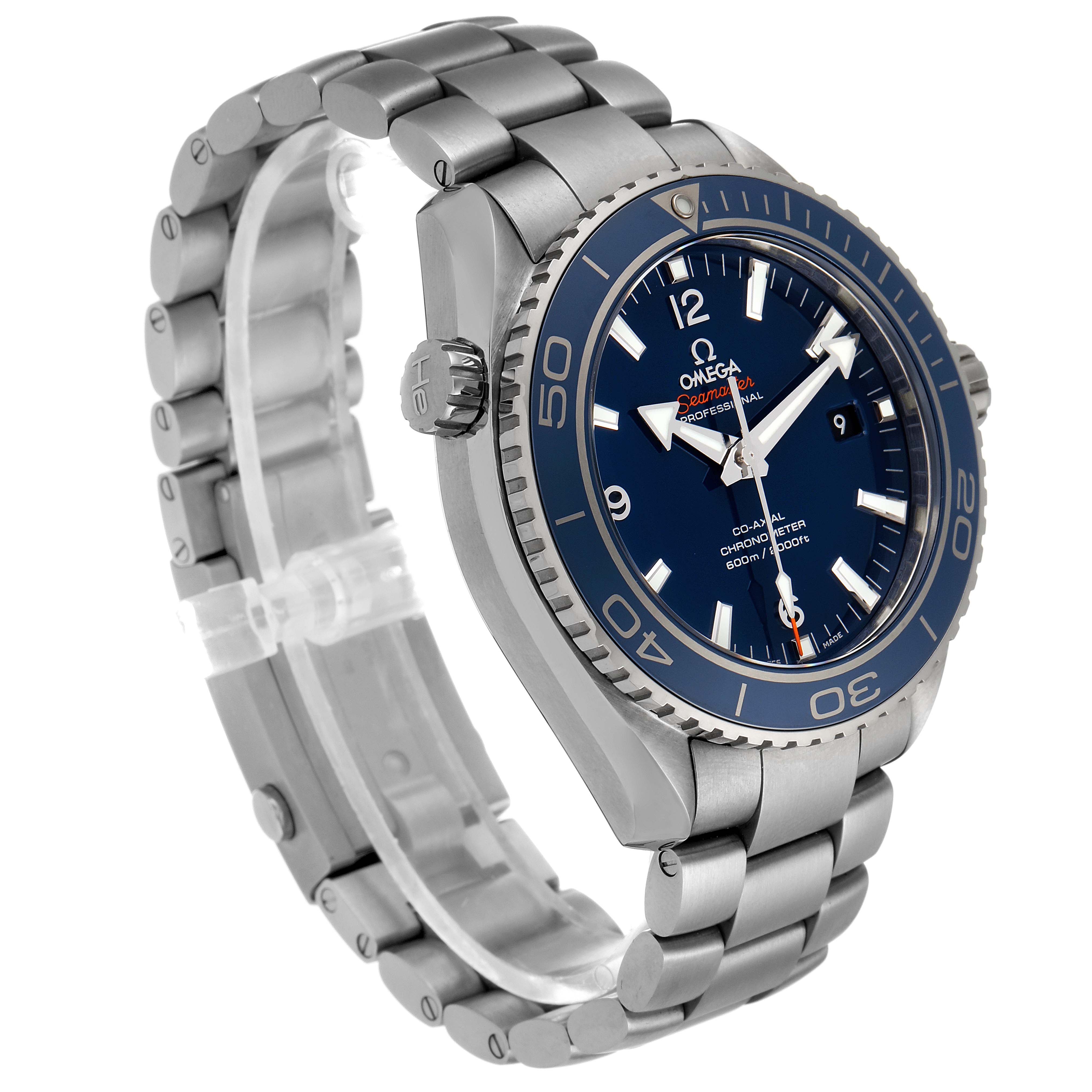 The Omega Planet Ocean 232.90.46.21.03.001 Men's Titanium Blue Dial 232.90.46.21.03.001 Men's Titanium Blue Dial watch is shown at a 3/4 angle, displaying the face, bezel, crown, and bracelet.