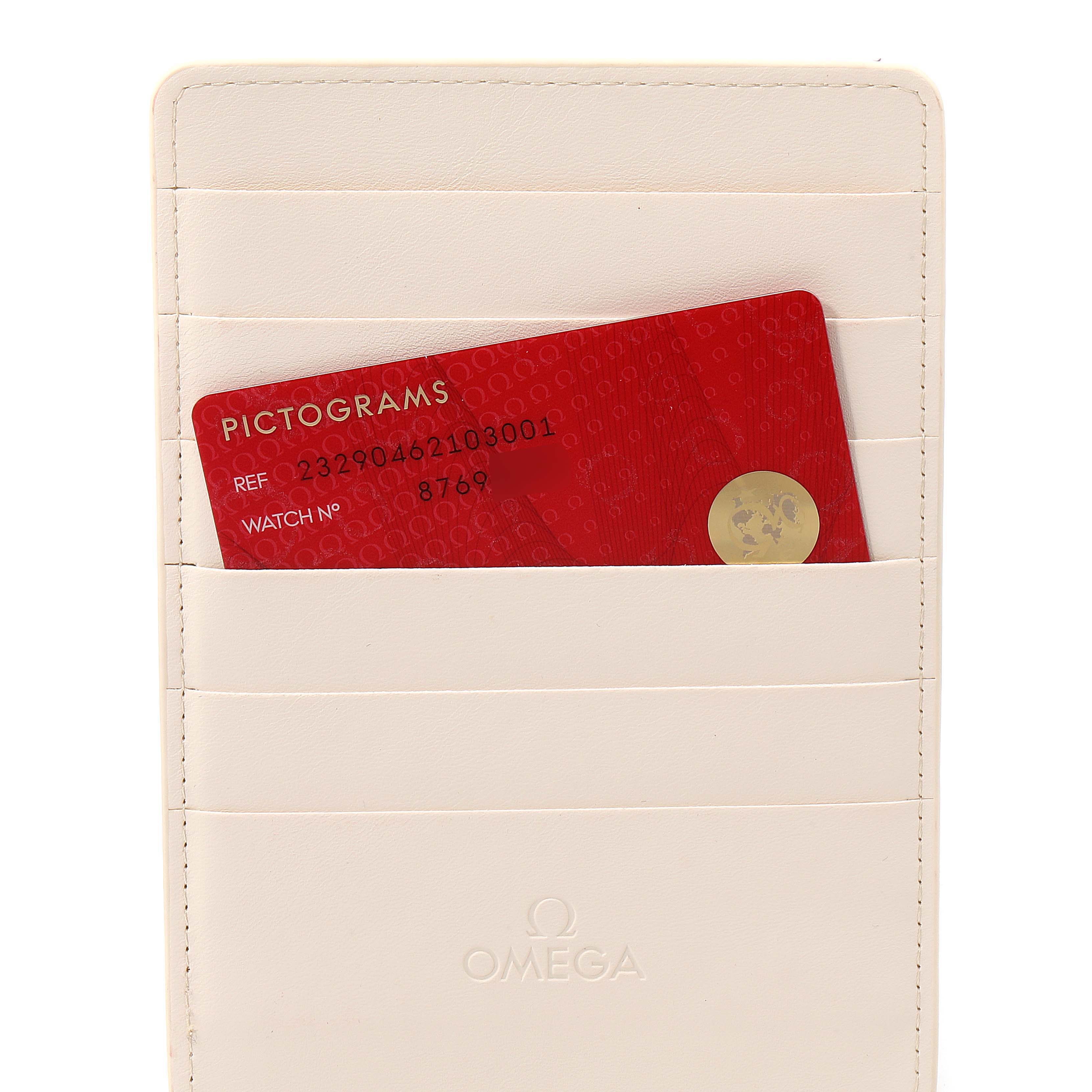 The image shows the certification card for an Omega Planet Ocean 232.90.46.21.03.001 Men's Titanium Blue Dial 232.90.46.21.03.001 Men's Titanium Blue Dial watch, placed in a white cardholder.