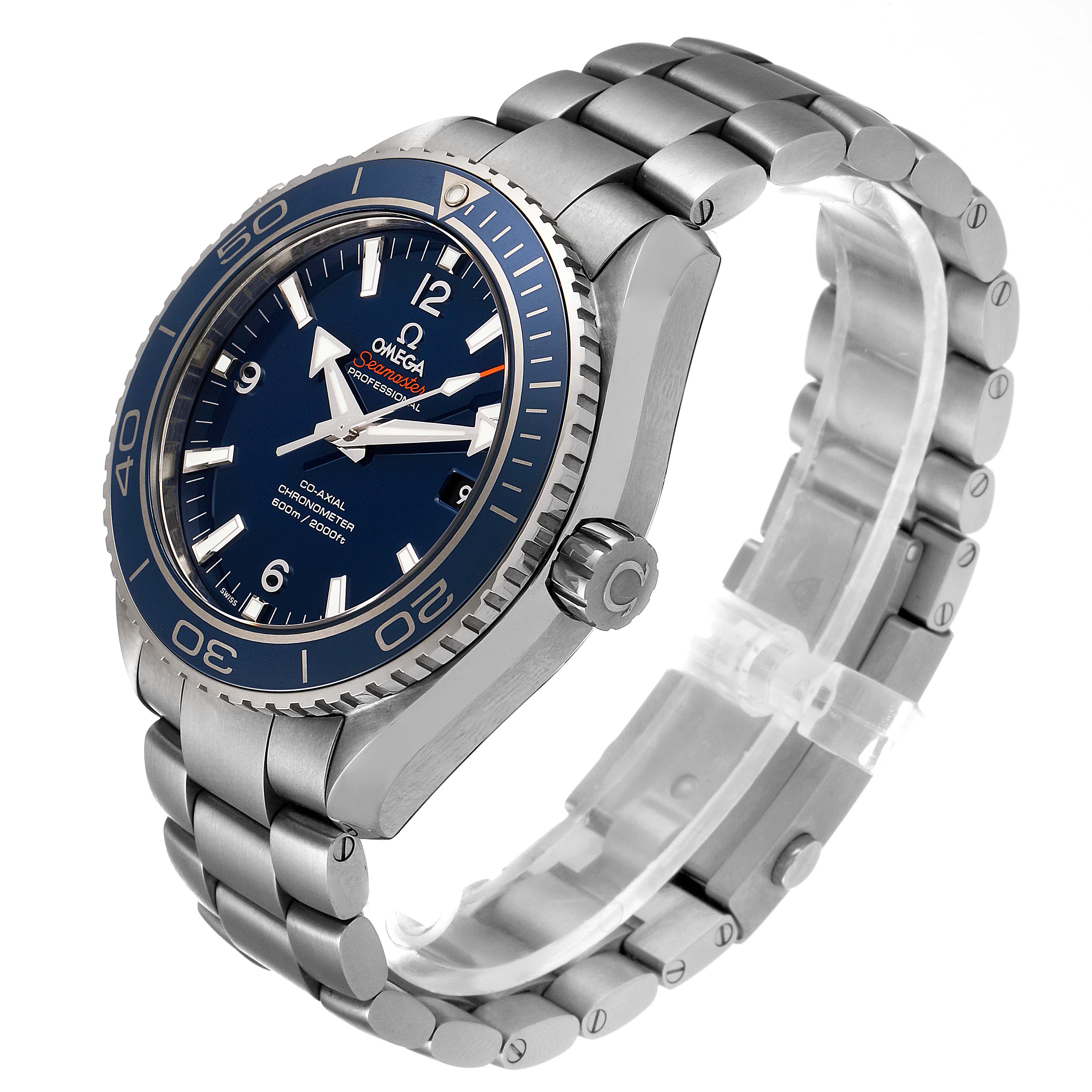 The Omega Planet Ocean 232.90.46.21.03.001 Men's Titanium Blue Dial 232.90.46.21.03.001 Men's Titanium Blue Dial watch is shown at an angle highlighting the dial, bezel, crown, and stainless steel bracelet.