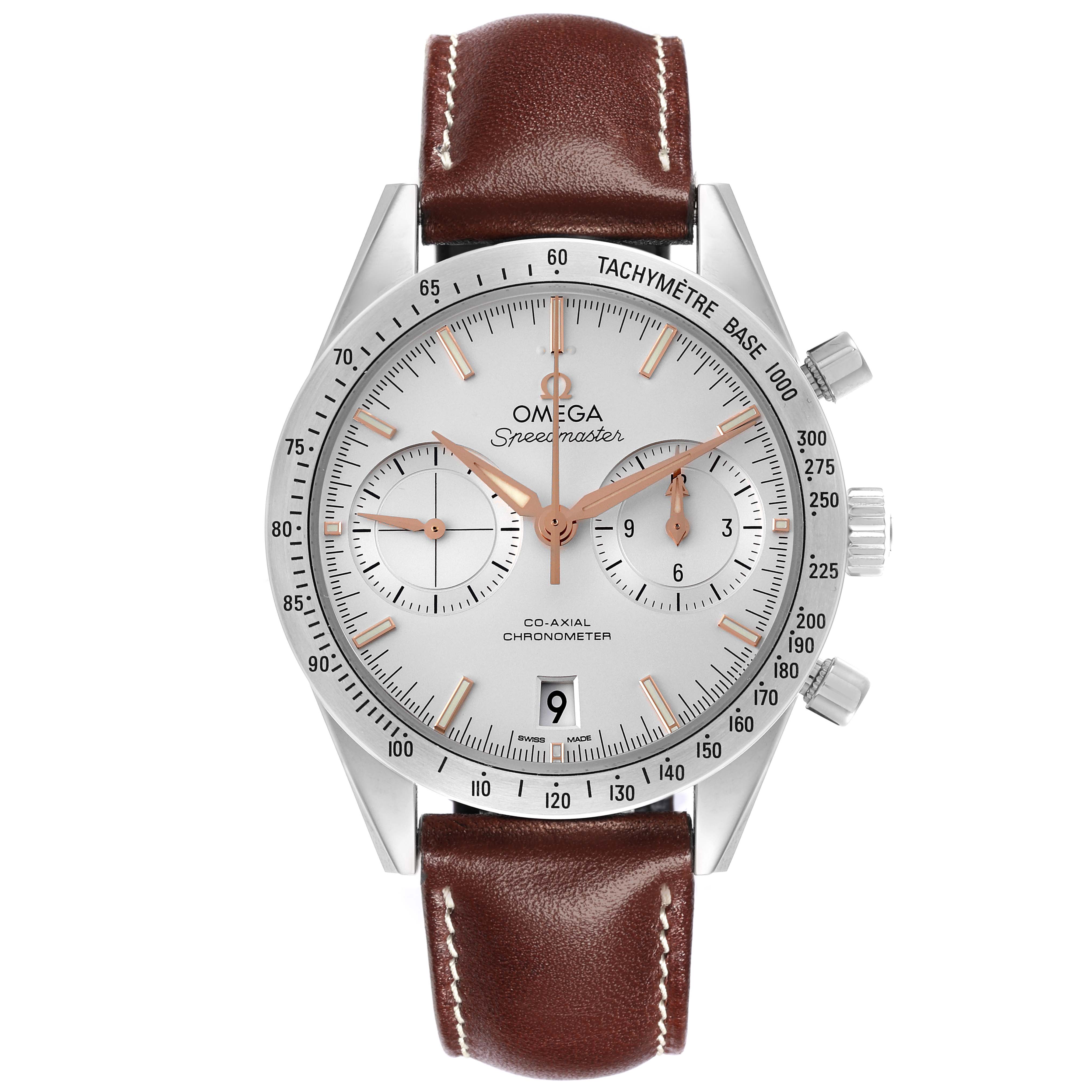 The image shows a front view of an Omega Seamaster 331.12.42.51.02.002 Men's Stainless Steel Silver Dial 331.12.42.51.02.002 Men's Stainless Steel Silver Dial watch, displaying its dial, tachymeter, chronograph subdials, and leather strap.