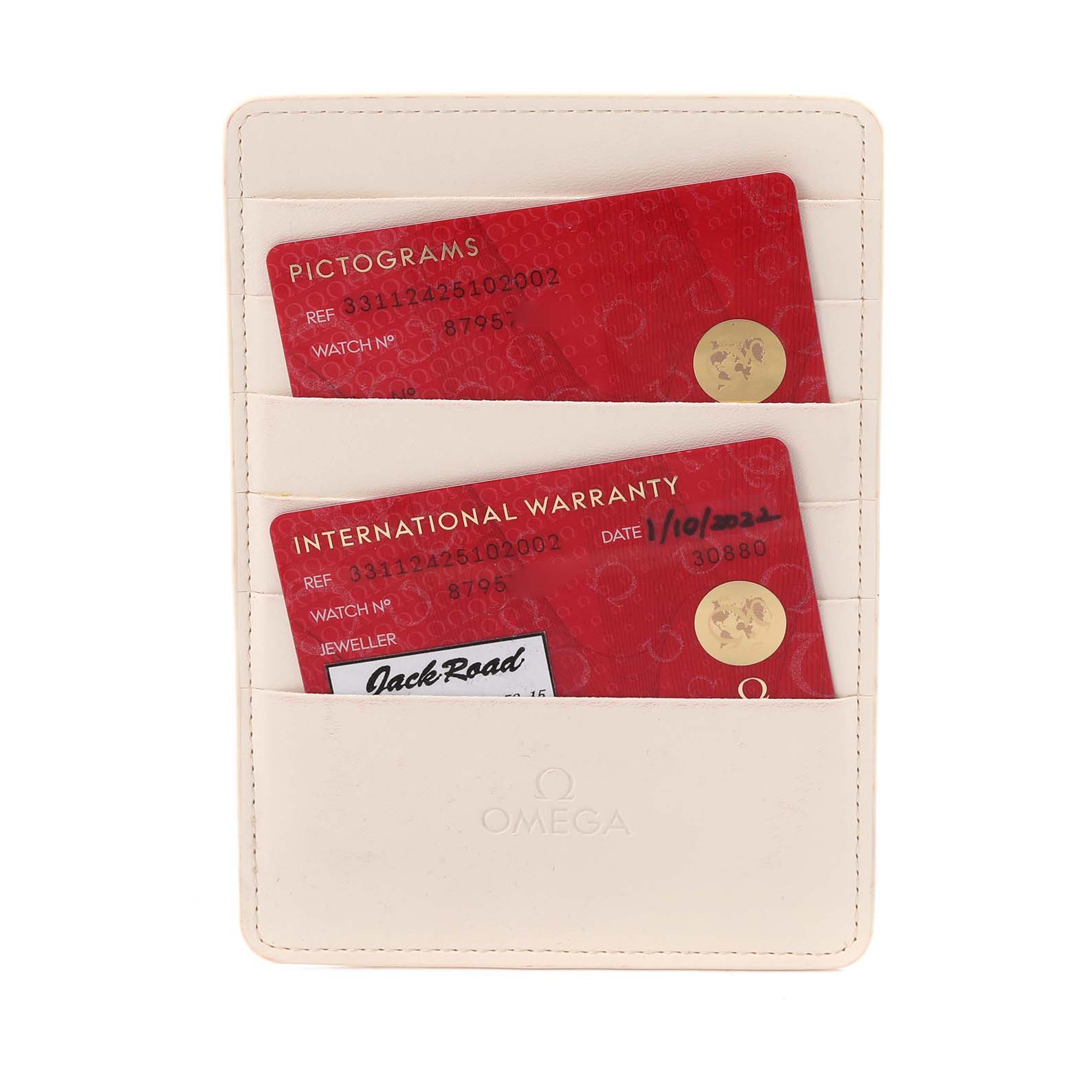 The image shows warranty and pictogram cards for the Omega Seamaster 331.12.42.51.02.002 Men's Stainless Steel Silver Dial 331.12.42.51.02.002 Men's Stainless Steel Silver Dial, in a cream cardholder with the Omega logo.