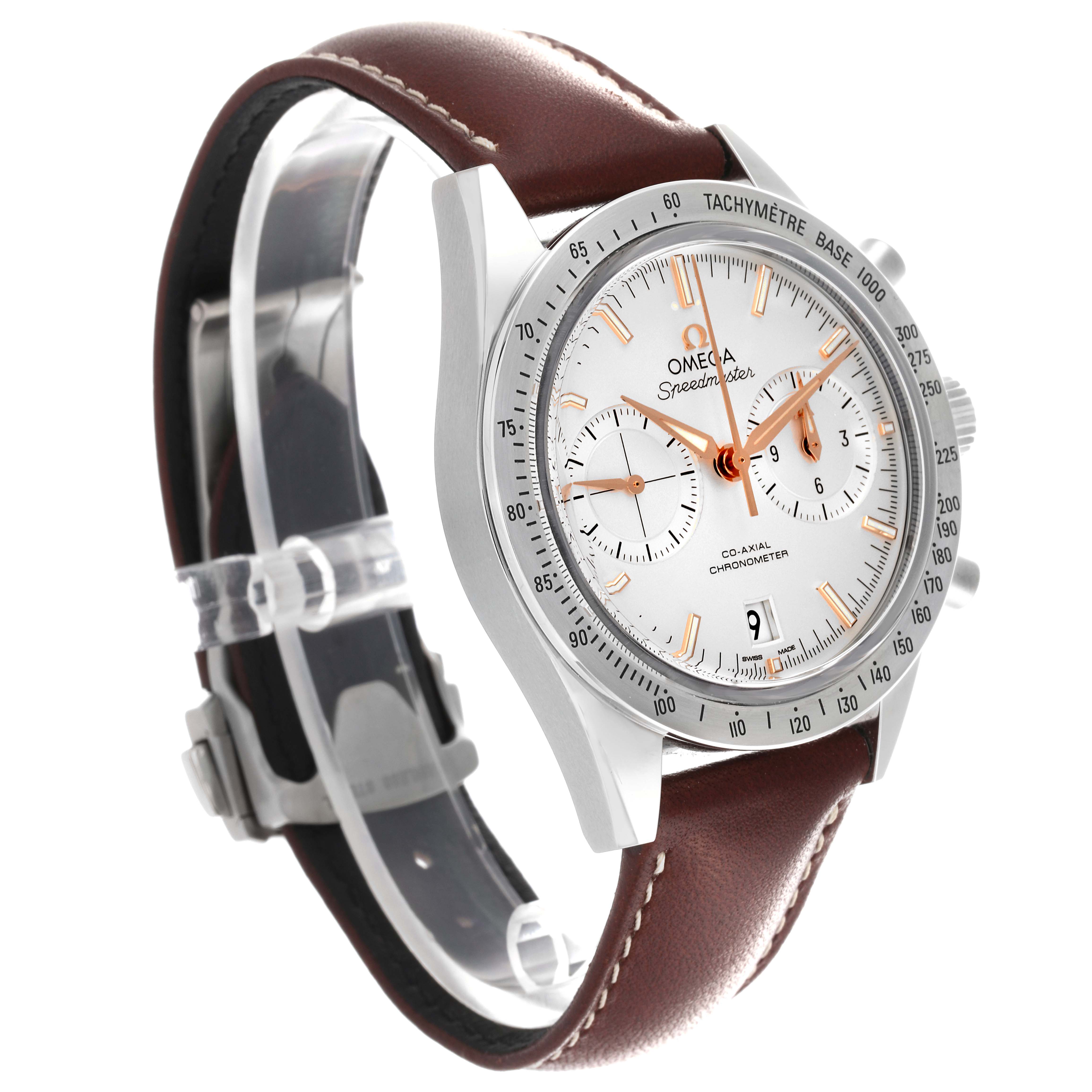 The Omega Seamaster 331.12.42.51.02.002 Men's Stainless Steel Silver Dial 331.12.42.51.02.002 Men's Stainless Steel Silver Dial watch is shown at a slight angle, displaying the face, bezel, chronograph sub-dials, and leather strap.